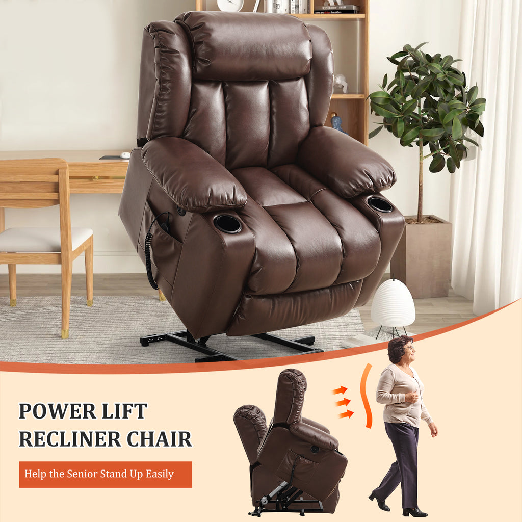 TEKAMON Infinite Position Lift Recliner Chair for Elderly with Heat Massage and Extended Footrest Lay Flat Sleeping Leather Dual Motor Power Lift Chair for Living Room (Brown)