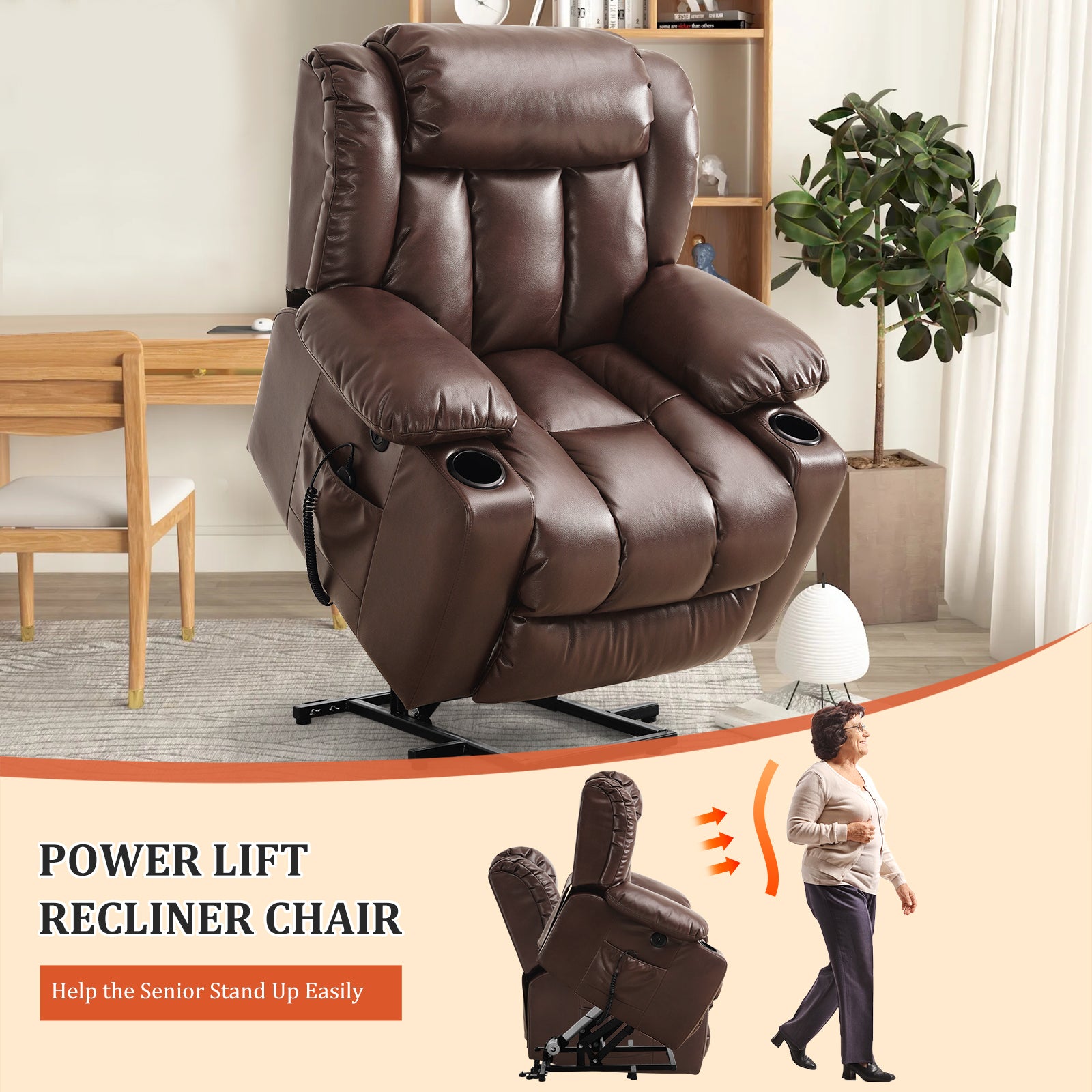 TEKAMON Infinite Position Lift Recliner Chair for Elderly with Heat Massage and Extended Footrest Lay Flat Sleeping Leather Dual Motor Power Lift Chair for Living Room (Brown)