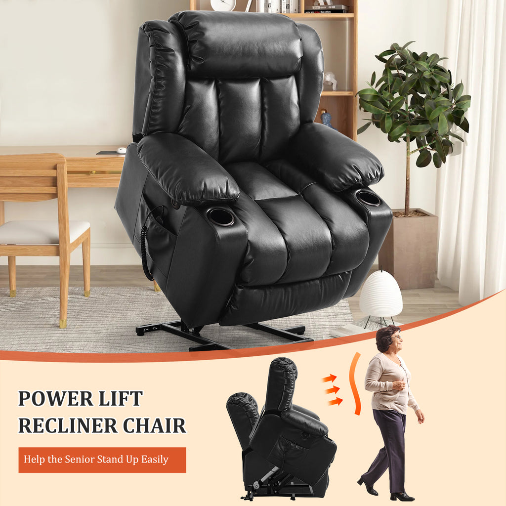 TEKAMON Large Power Lift Recliner Chair for Elderly with Heat and Massage Leather Electric Recliners Chair For Living Room with Cup Holders, Remote Control (Black)