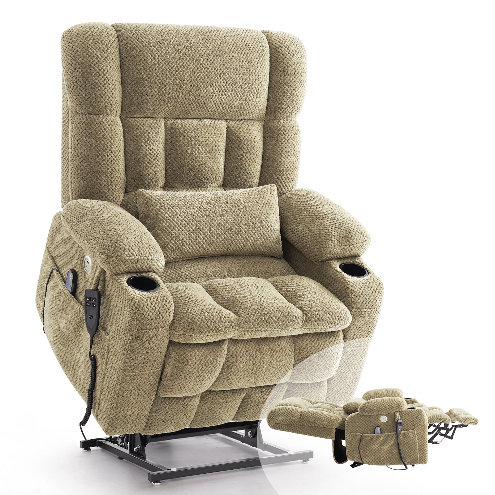 Dual Motor Power Lift Recliner Chair for Elderly – Oversized Lay‑Flat Design with Infinite Position, Massage & Heat, Cup Holders, Lumbar Pillow, One‑Touch Reset, and USB/Type‑C Charging Fabric,Beige