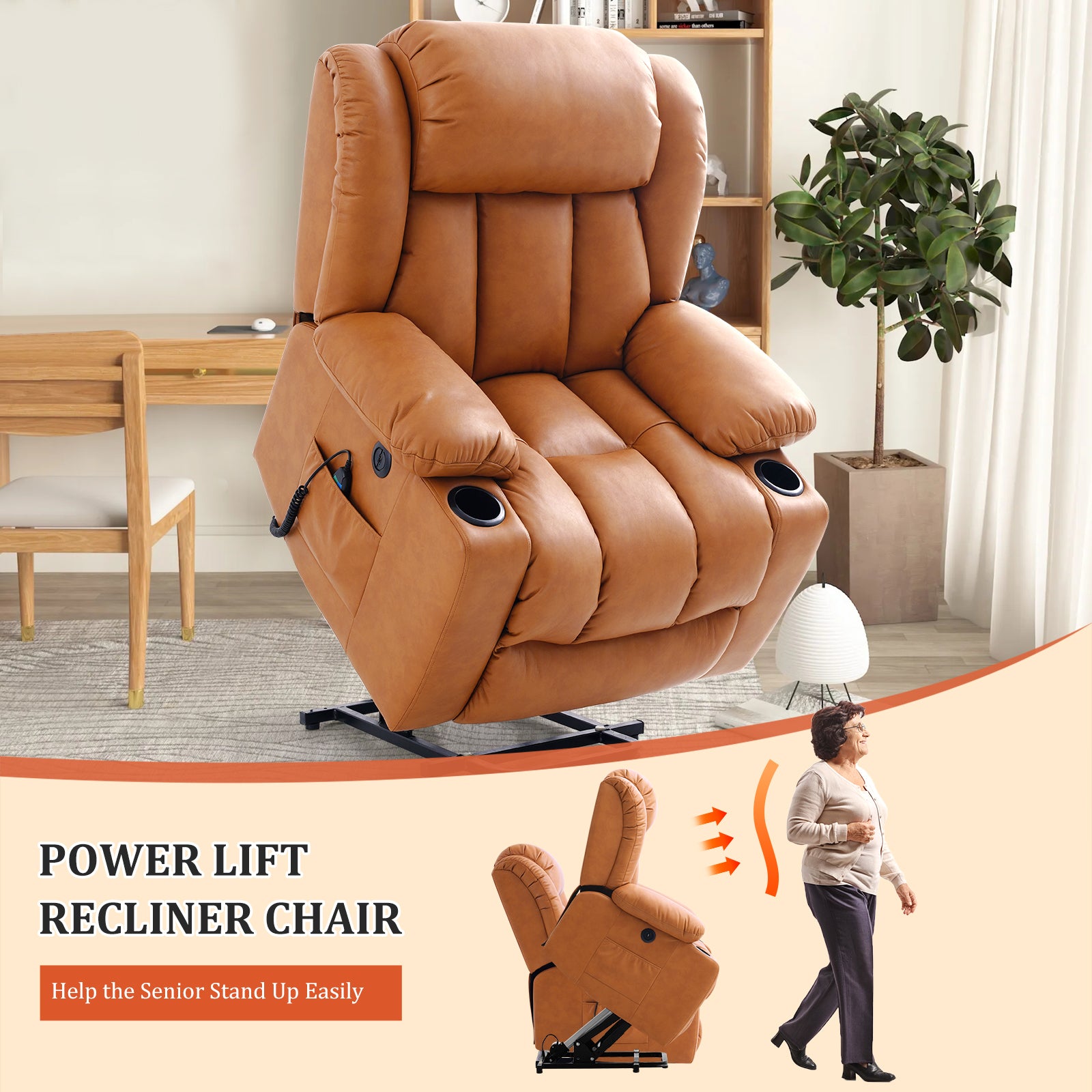 TEKAMON Infinite Position Lift Recliner Chair for Elderly with Heat Massage and Extended Footrest Lay Flat Sleeping Leather Dual Motor Power Lift Chair for Living Room (Brown)