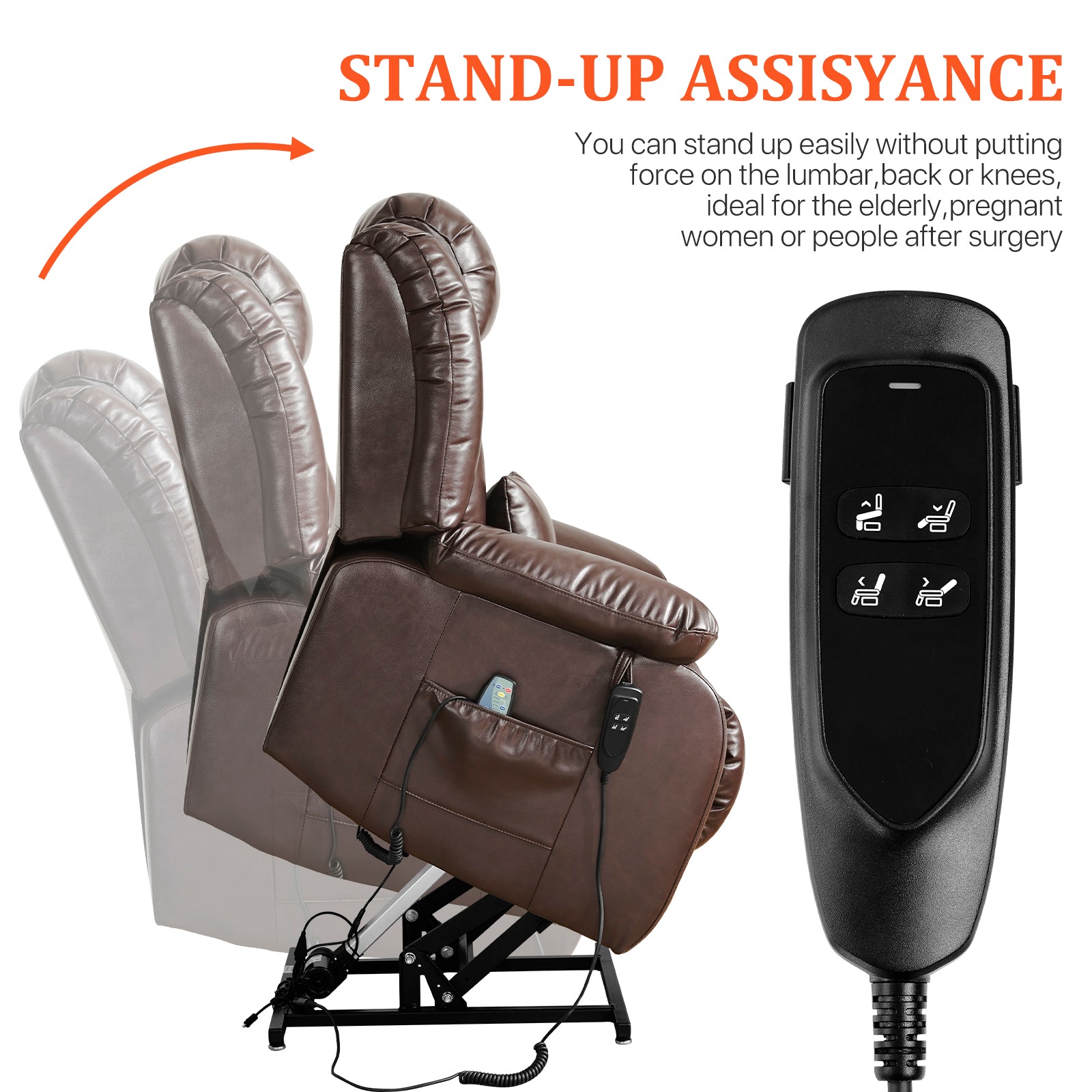 TEKAMON Power Lift Chair Recliner for Elderly with Heat and Massage, Lay Flat Sleeping Recliner Dual Motor Infinite Position Leather Lift Chair for Living Room (Brown)