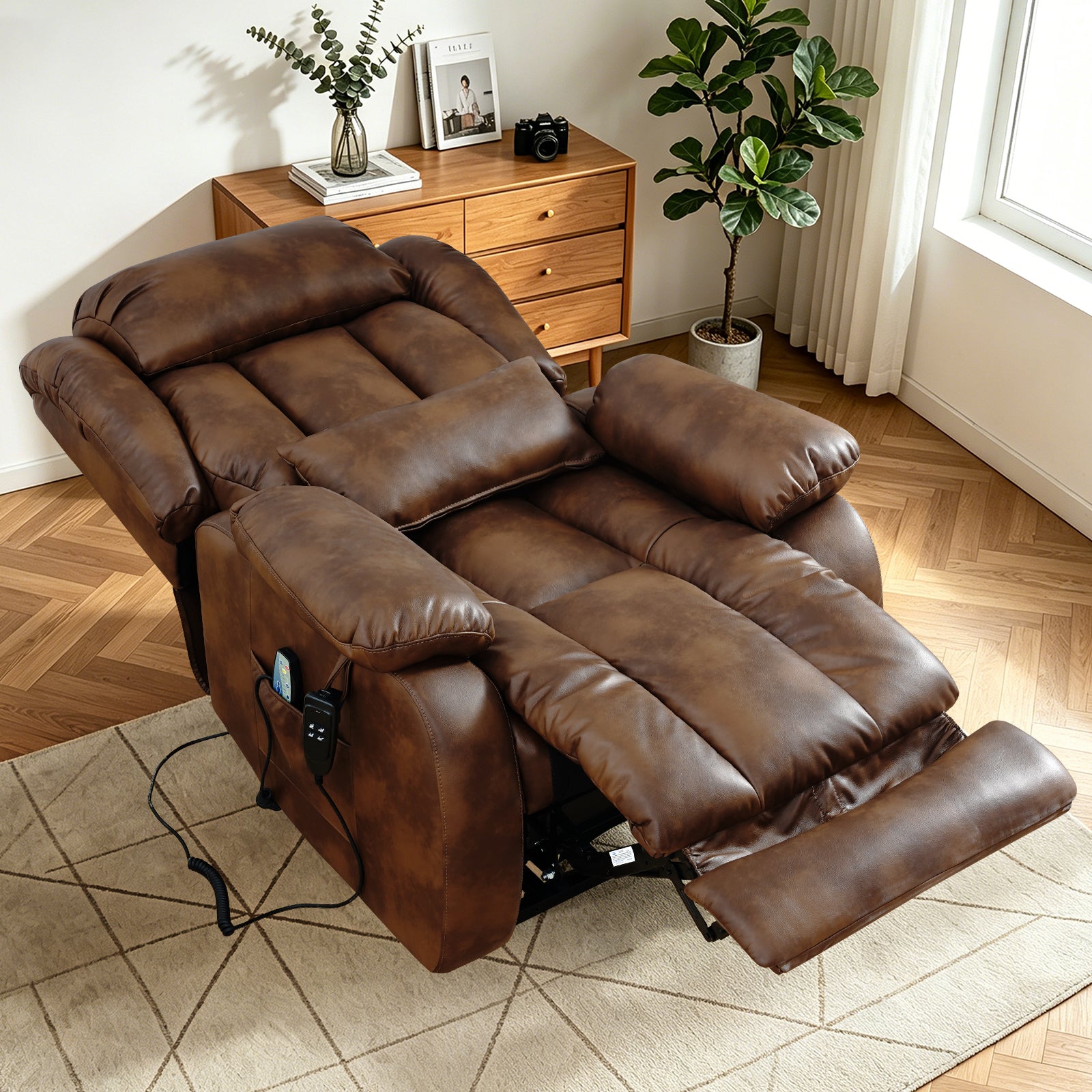 TEKAMON Infinite Position Lift Recliner Chair for Elderly with Heat Massage and Extended Footrest Lay Flat Sleeping Leather Dual Motor Power Lift Chair for Living Room (Ochre)