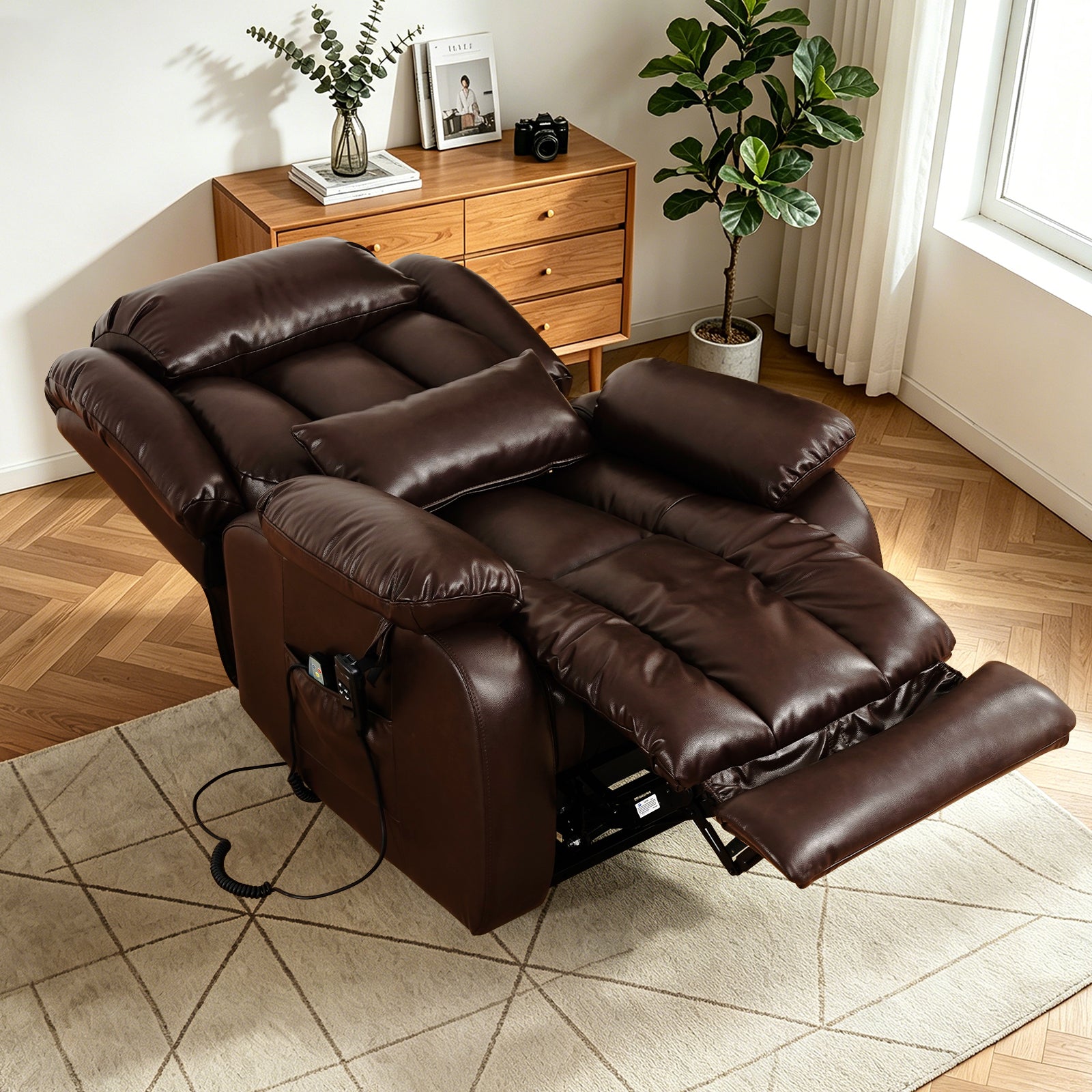 TEKAMON Power Lift Chair Recliner for Elderly with Heat and Massage, Lay Flat Sleeping Recliner Dual Motor Infinite Position Leather Lift Chair for Living Room (Brown)