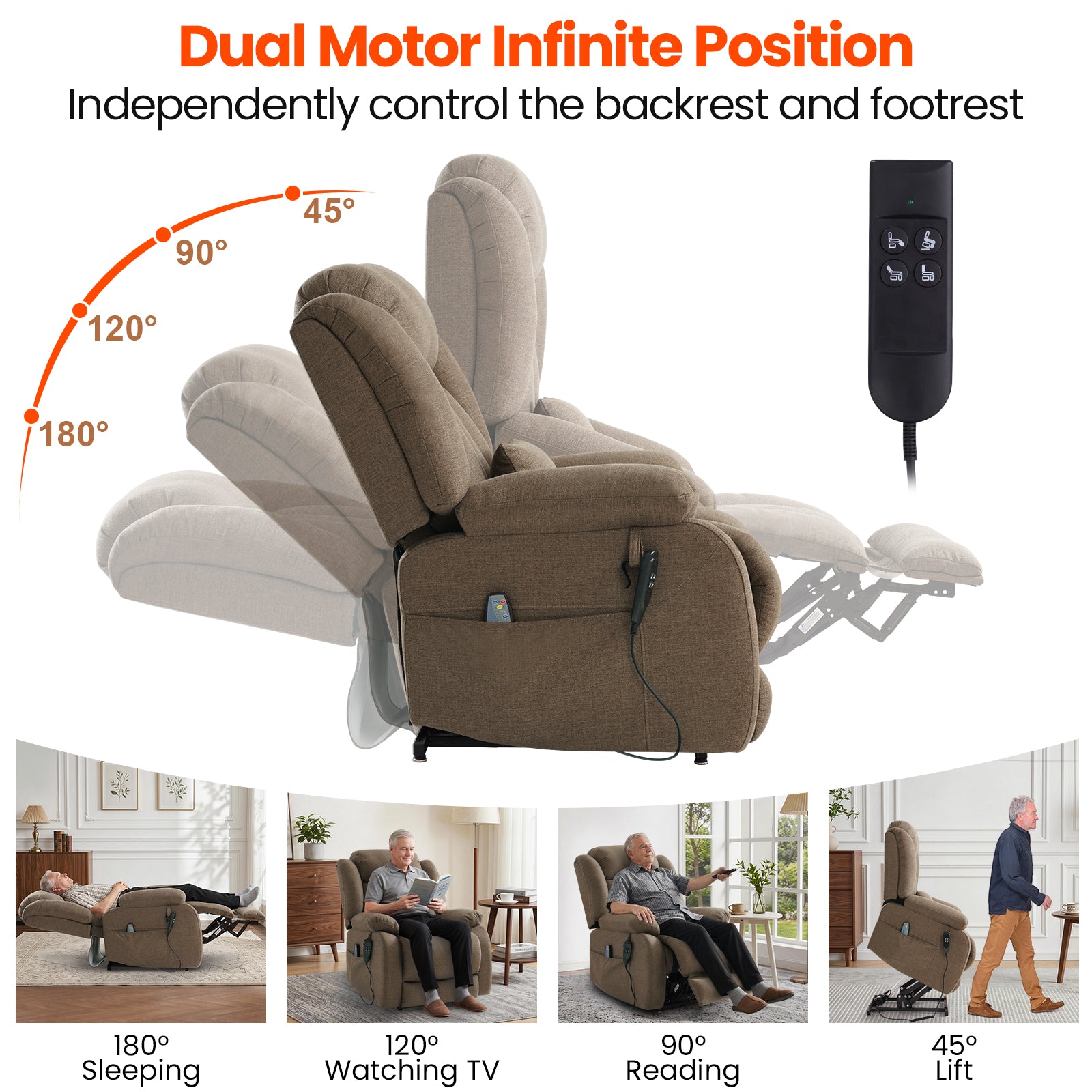 TEKAMON Infinite Position Lift Recliner Chair for Elderly with Heat and Massage Lay Flat Sleeping Power Lift Chair, Linen Fabric, Brown