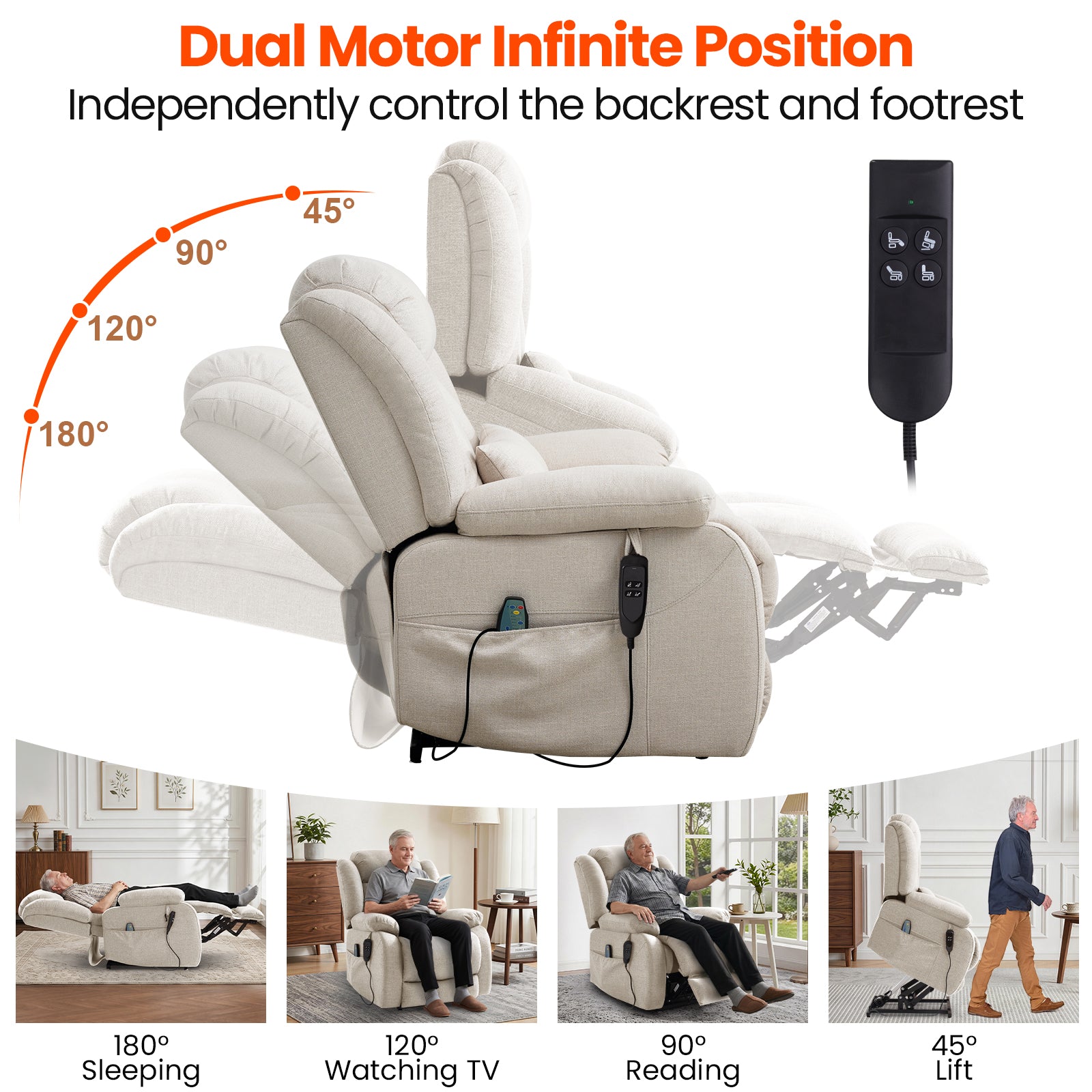 TEKAMON Infinite Position Lift Recliner Chair for Elderly with Heat and Massage Lay Flat Sleeping Power Lift Chair, Linen Fabric, Beige