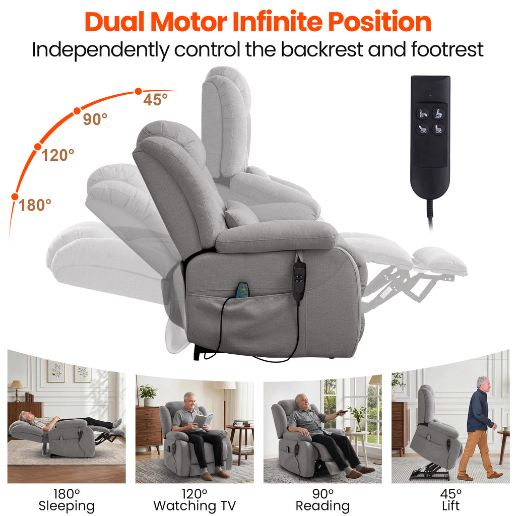 TEKAMON Infinite Position Lift Recliner Chair for Elderly with Heat and Massage Lay Flat Sleeping Power Lift Chair, Linen Fabric, Grey