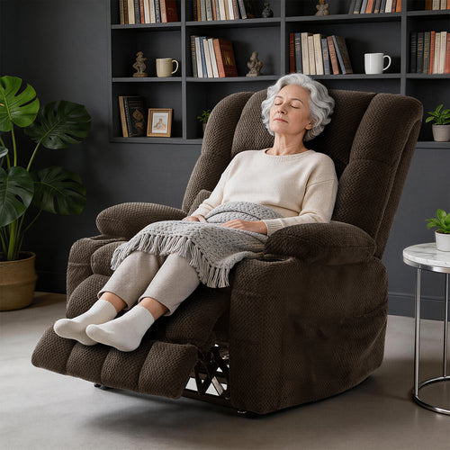 Dual Motor Power Lift Recliner Chair for Elderly – Oversized Lay‑Flat Design with Infinite Position, Massage & Heat, Cup Holders, Lumbar Pillow, One‑Touch Reset, and USB/Type‑C Charging Fabric,brown