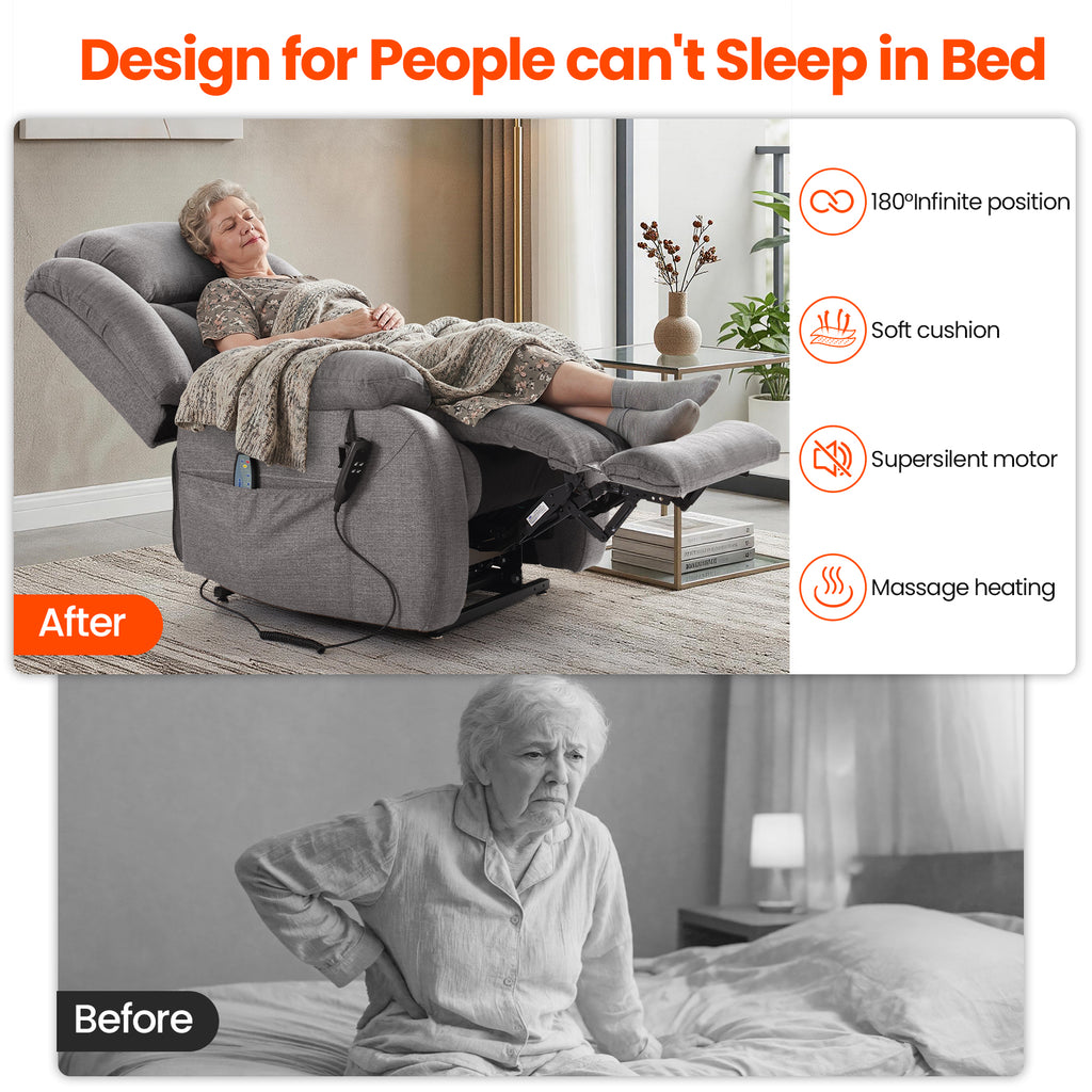 TEKAMON Infinite Position Lift Recliner Chair for Elderly with Heat and Massage Lay Flat Sleeping Power Lift Chair, Linen Fabric, Grey