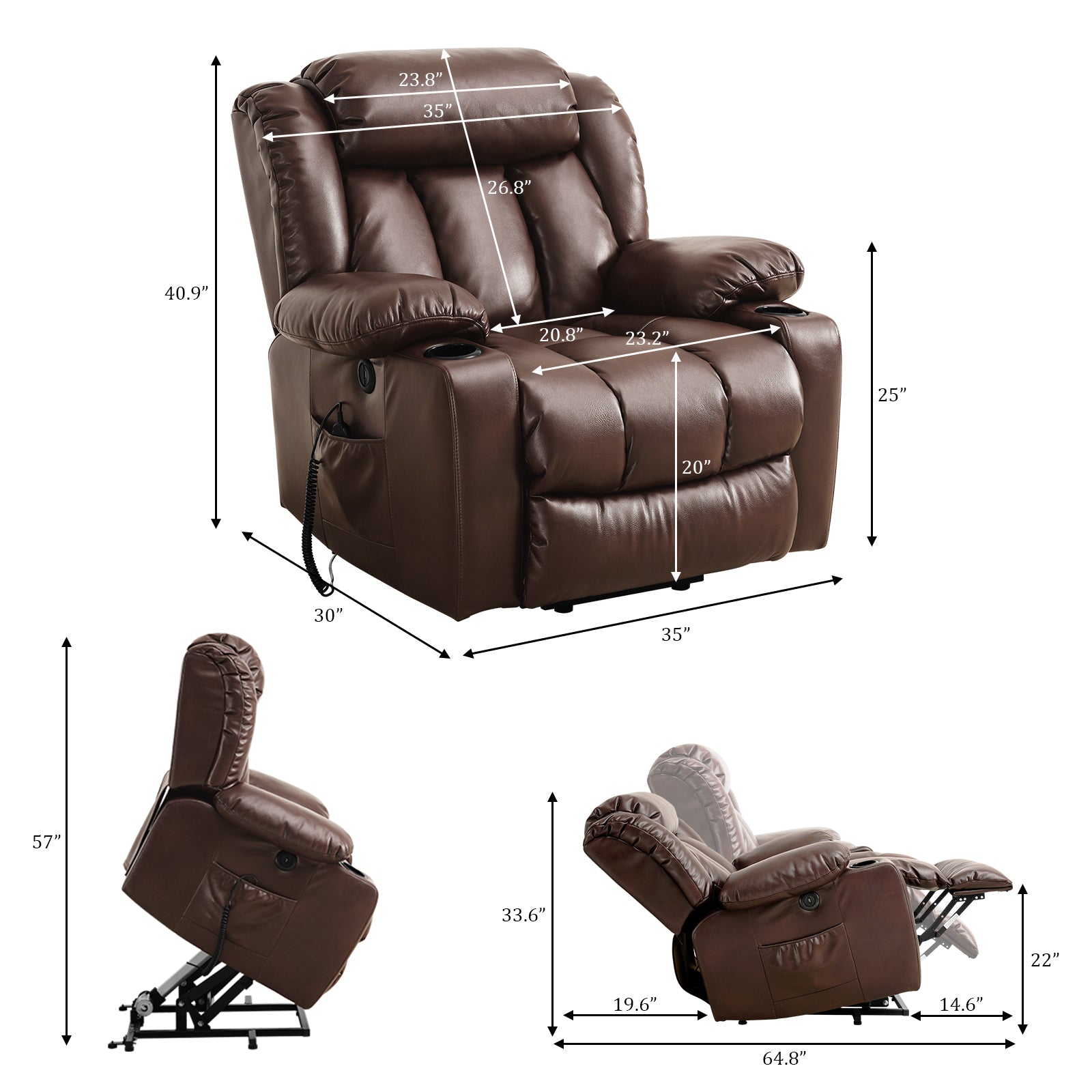 TEKAMON Infinite Position Lift Recliner Chair for Elderly with Heat Massage and Extended Footrest Lay Flat Sleeping Leather Dual Motor Power Lift Chair for Living Room (Brown)