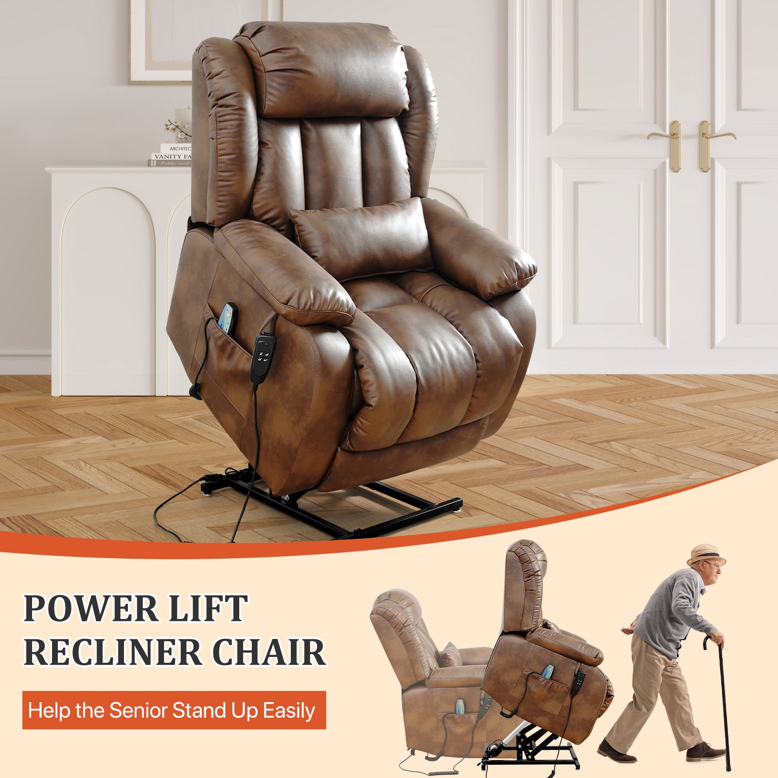 TEKAMON Infinite Position Lift Recliner Chair for Elderly with Heat Massage and Extended Footrest Lay Flat Sleeping Leather Dual Motor Power Lift Chair for Living Room (Ochre)