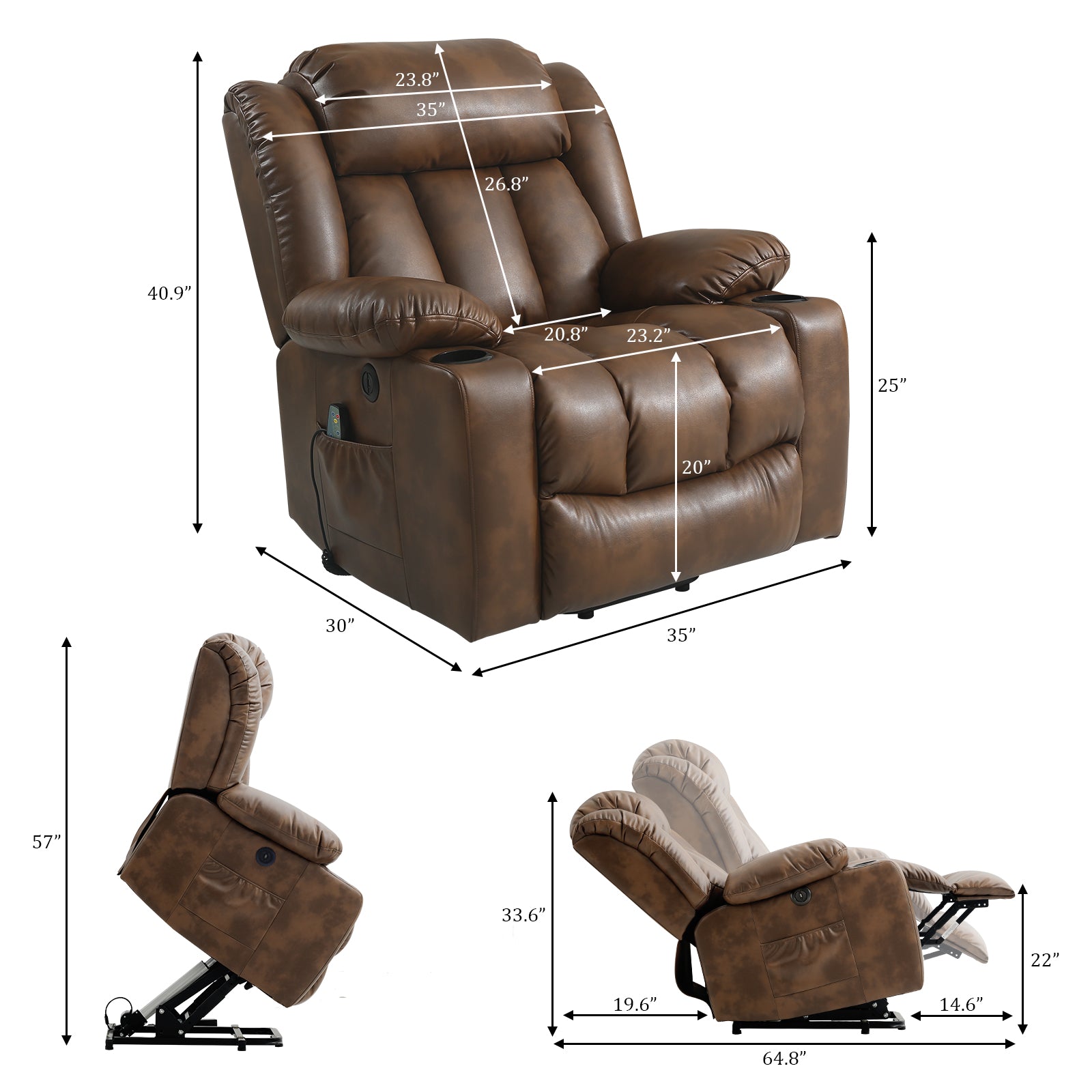 TEKAMON Large Power Lift Recliner Chair for Elderly with Heat and Massage Leather Electric Recliners Chair For Living Room with Cup Holders, Remote Control (Ochre)