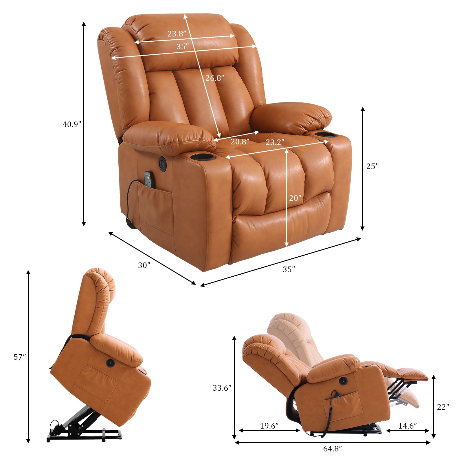 TEKAMON Infinite Position Lift Recliner Chair for Elderly with Heat Massage and Extended Footrest Lay Flat Sleeping Leather Dual Motor Power Lift Chair for Living Room (Brown)