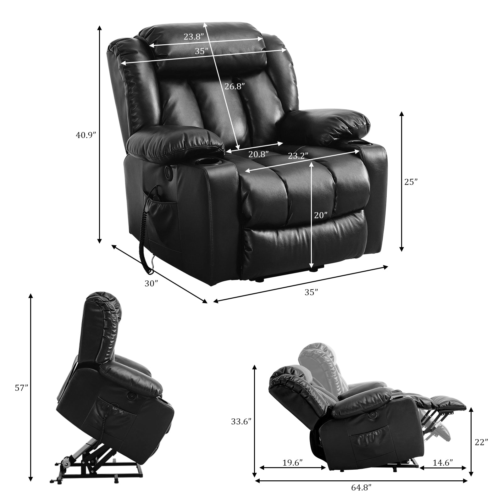 TEKAMON Large Power Lift Recliner Chair for Elderly with Heat and Massage Leather Electric Recliners Chair For Living Room with Cup Holders, Remote Control (Black)