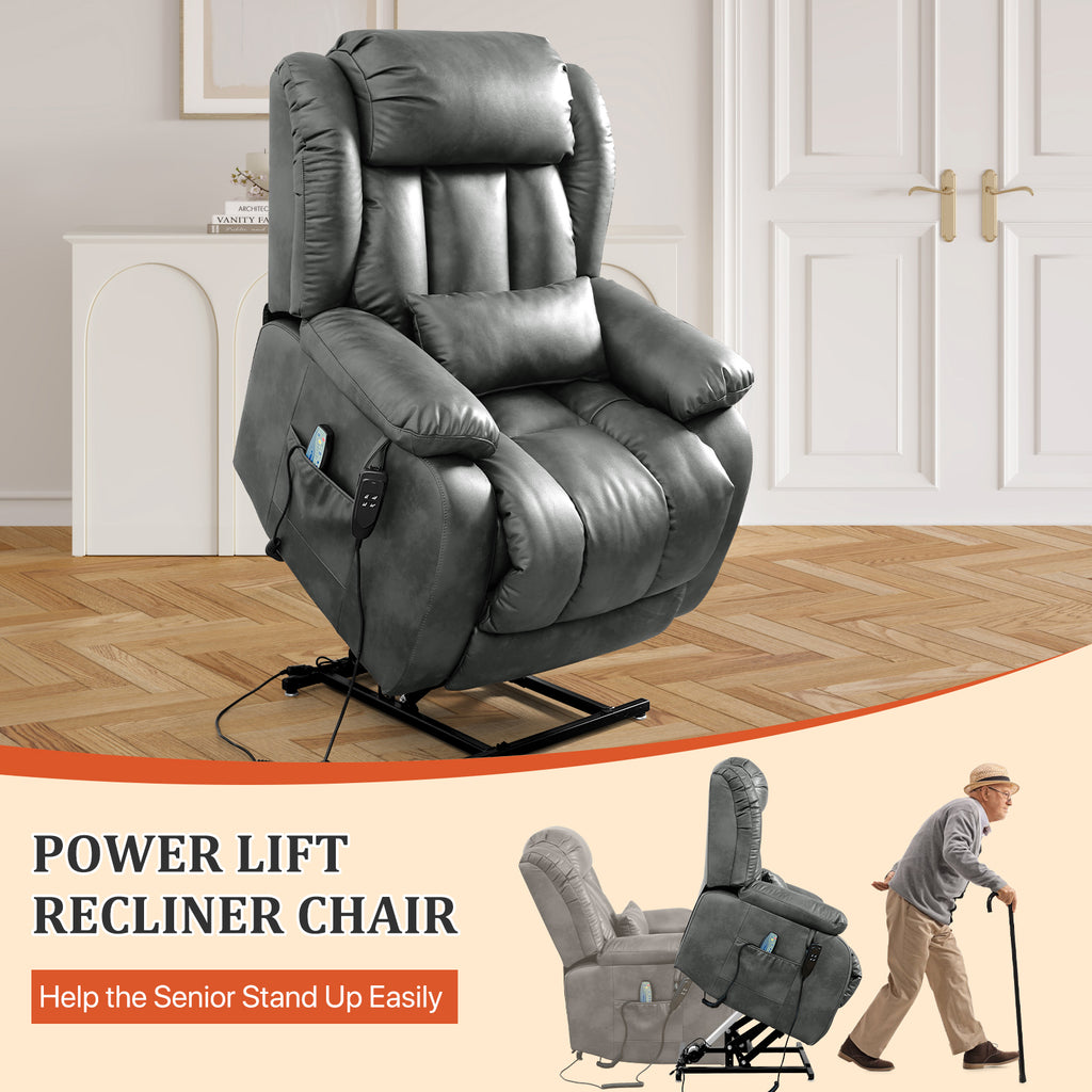 TEKAMON Infinite Position Lift Recliner Chair for Elderly with Heat Massage and Extended Footrest Lay Flat Sleeping Leather Dual Motor Power Lift Chair for Living Room (Grey)