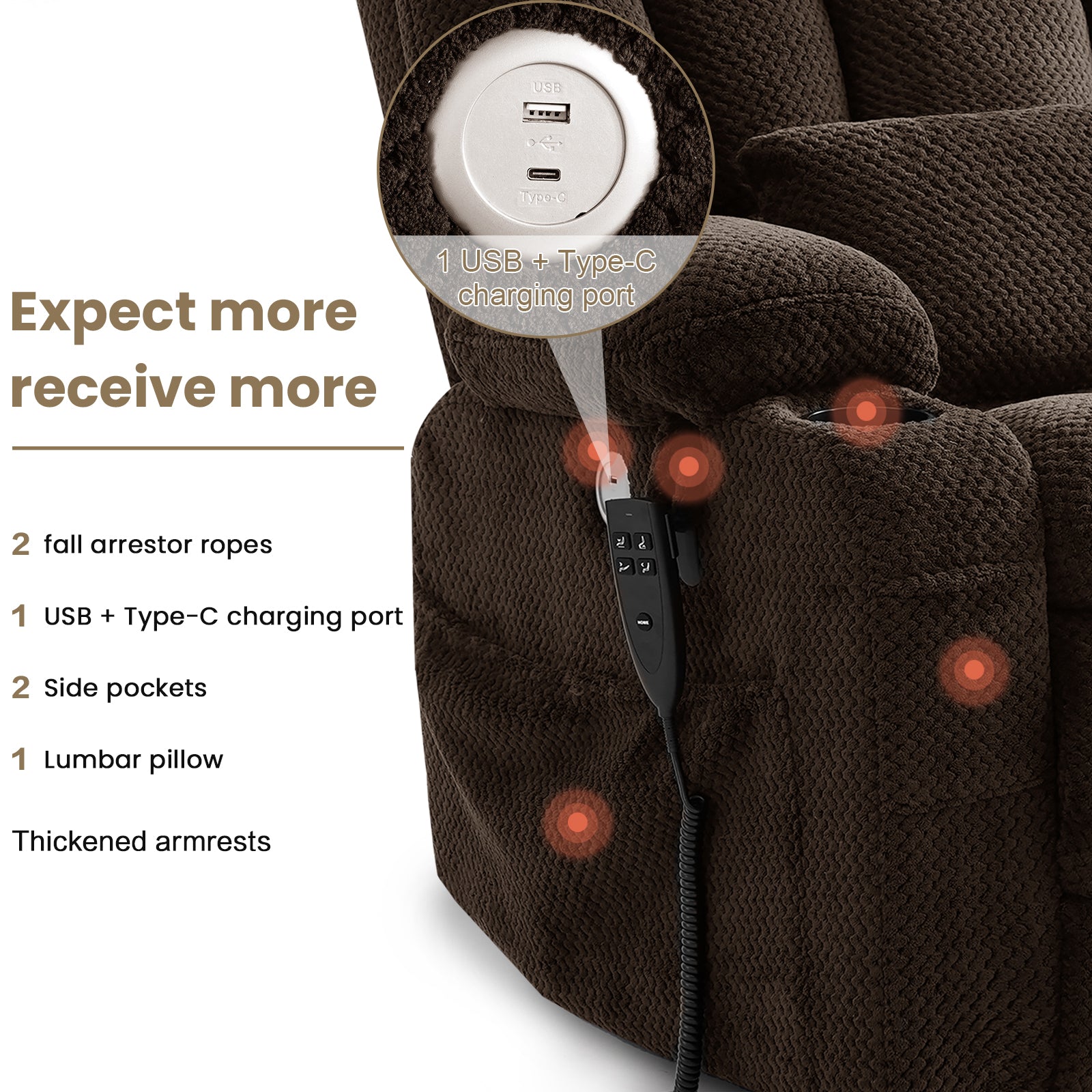 Dual Motor Power Lift Recliner Chair for Elderly – Oversized Lay‑Flat Design with Infinite Position, Massage & Heat, Cup Holders, Lumbar Pillow, One‑Touch Reset, and USB/Type‑C Charging Fabric,brown