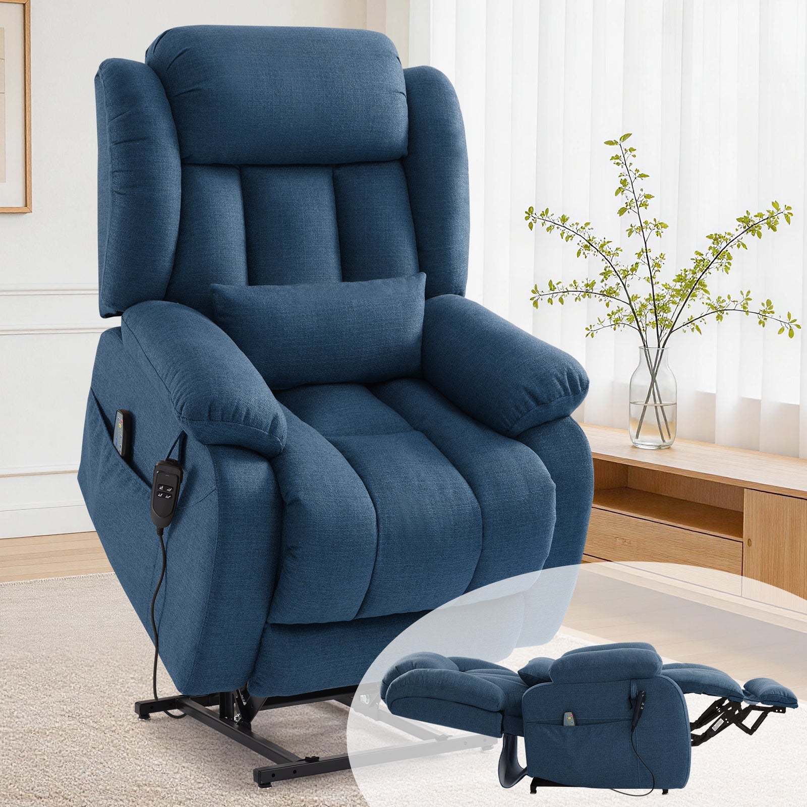 TEKAMON Infinite Position Lift Recliner Chair for Elderly with Heat and Massage Lay Flat Sleeping Power Lift Chair, Linen Fabric, Blue