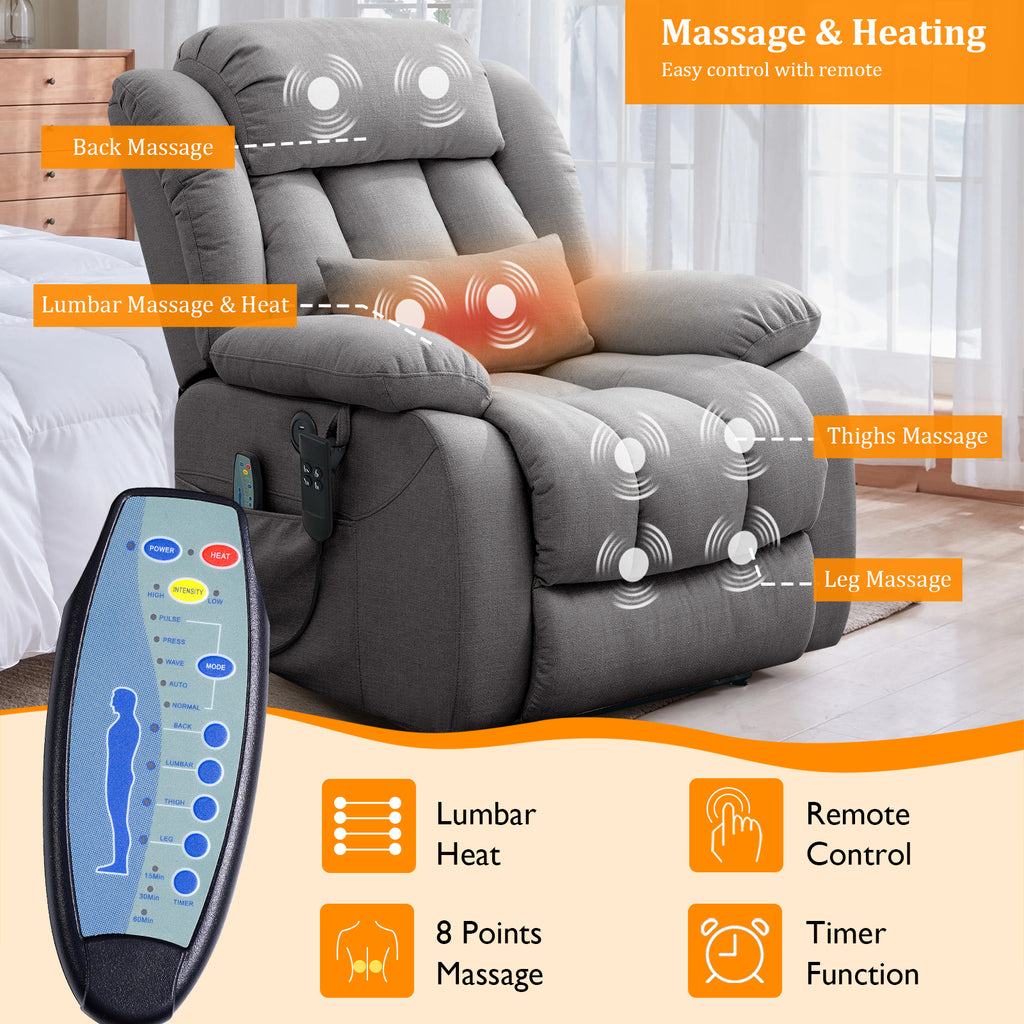 TEKAMON Infinite Position Lift Recliner Chair for Elderly with Heat and Massage Lay Flat Sleeping Power Lift Chair, Linen Fabric, Grey
