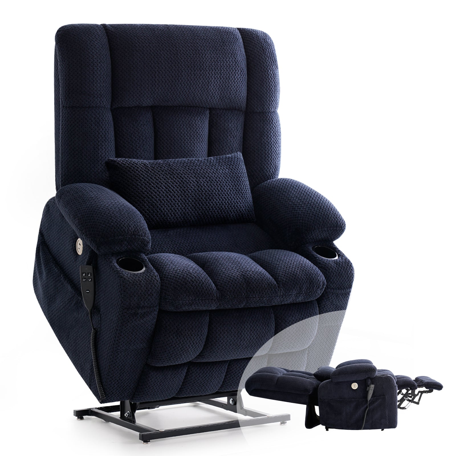 Dual Motor Power Lift Recliner Chair for Elderly – Oversized Lay‑Flat Design with Infinite Position, Massage & Heat, Cup Holders, Lumbar Pillow, One‑Touch Reset, and USB/Type‑C Charging Fabric,Blue