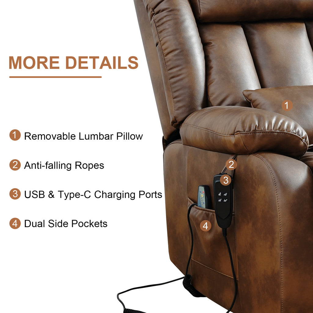 TEKAMON Infinite Position Lift Recliner Chair for Elderly with Heat Massage and Extended Footrest Lay Flat Sleeping Leather Dual Motor Power Lift Chair for Living Room (Ochre)