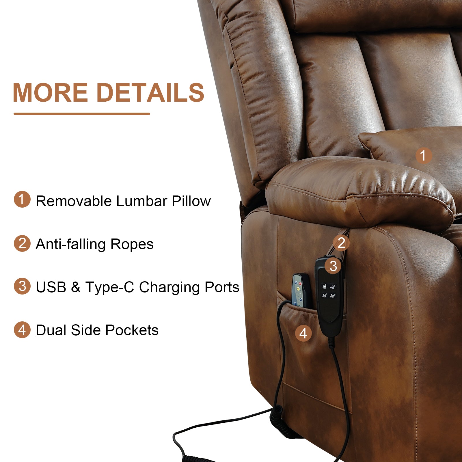 TEKAMON Infinite Position Lift Recliner Chair for Elderly with Heat Massage and Extended Footrest Lay Flat Sleeping Leather Dual Motor Power Lift Chair for Living Room (Ochre)
