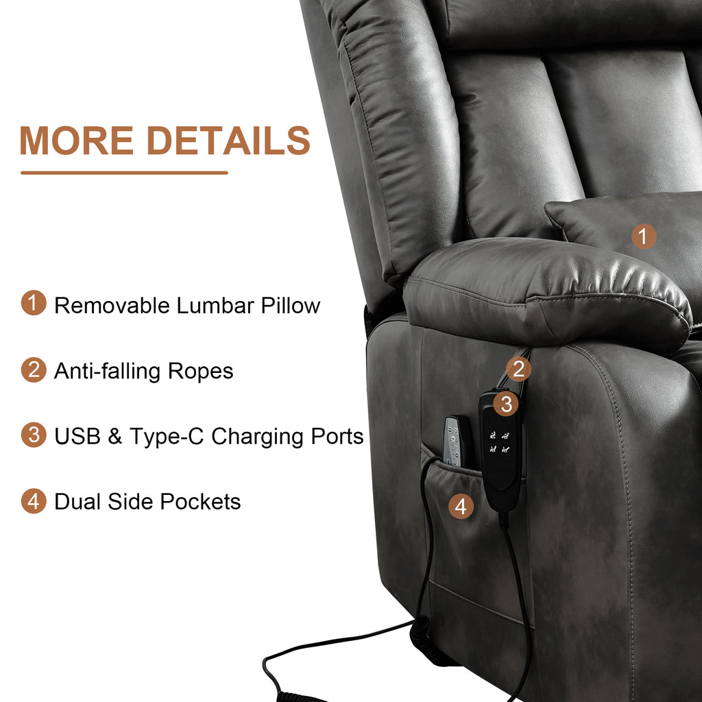 TEKAMON Infinite Position Lift Recliner Chair for Elderly with Heat Massage and Extended Footrest Lay Flat Sleeping Leather Dual Motor Power Lift Chair for Living Room (Grey)
