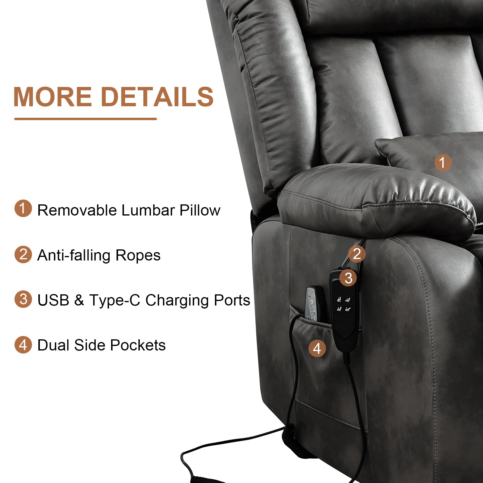 TEKAMON Infinite Position Lift Recliner Chair for Elderly with Heat Massage and Extended Footrest Lay Flat Sleeping Leather Dual Motor Power Lift Chair for Living Room (Grey)