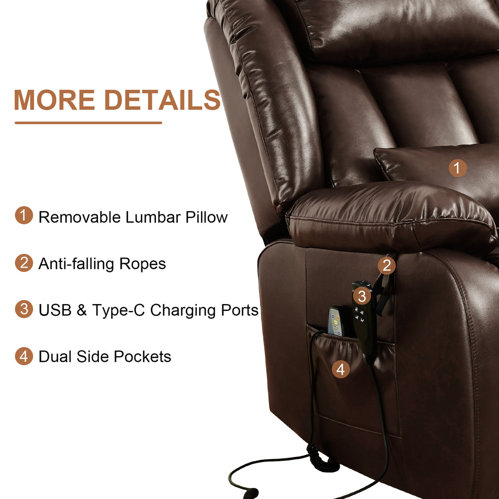 TEKAMON Power Lift Chair Recliner for Elderly with Heat and Massage, Lay Flat Sleeping Recliner Dual Motor Infinite Position Leather Lift Chair for Living Room (Brown)