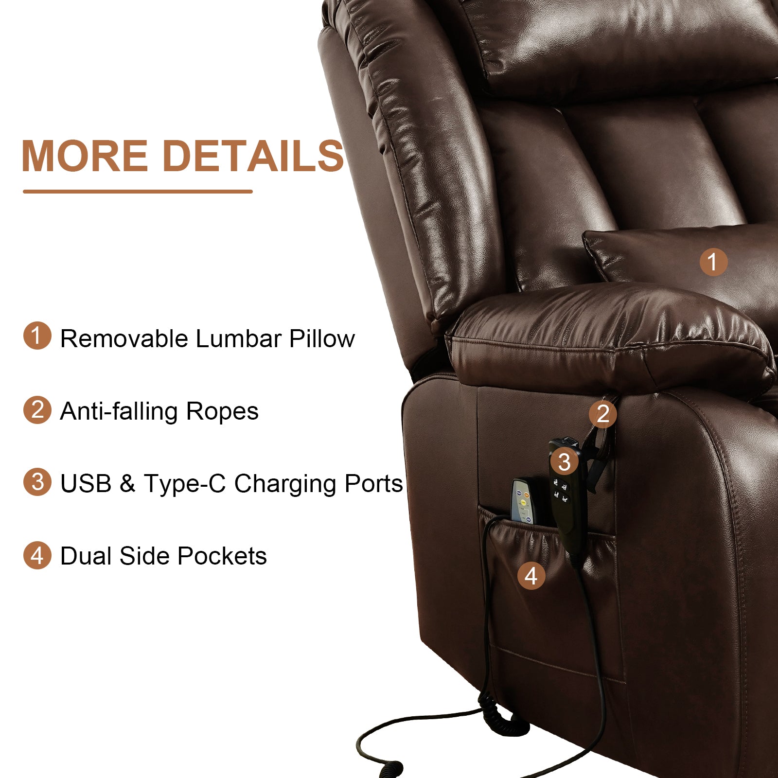 TEKAMON Power Lift Chair Recliner for Elderly with Heat and Massage, Lay Flat Sleeping Recliner Dual Motor Infinite Position Leather Lift Chair for Living Room (Brown)