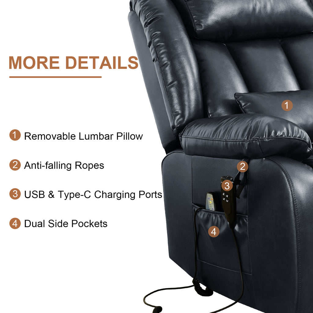 TEKAMON Infinite Position Lift Recliner Chair for Elderly with Heat Massage and Extended Footrest Lay Flat Sleeping Leather Dual Motor Power Lift Chair for Living Room (Blue)