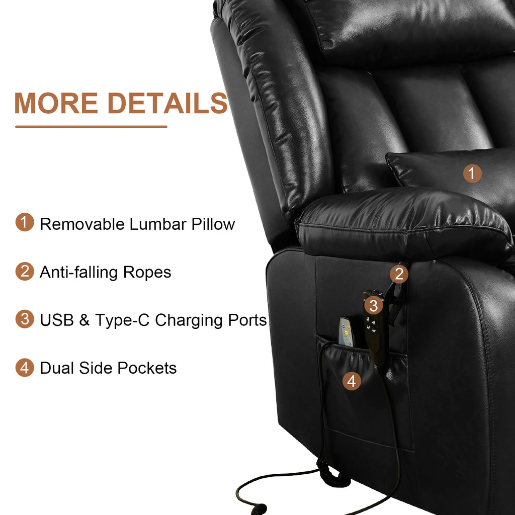 TEKAMON Infinite Position Lift Recliner Chair for Elderly with Heat Massage and Extended Footrest Lay Flat Sleeping Leather Dual Motor Power Lift Chair for Living Room (Black)