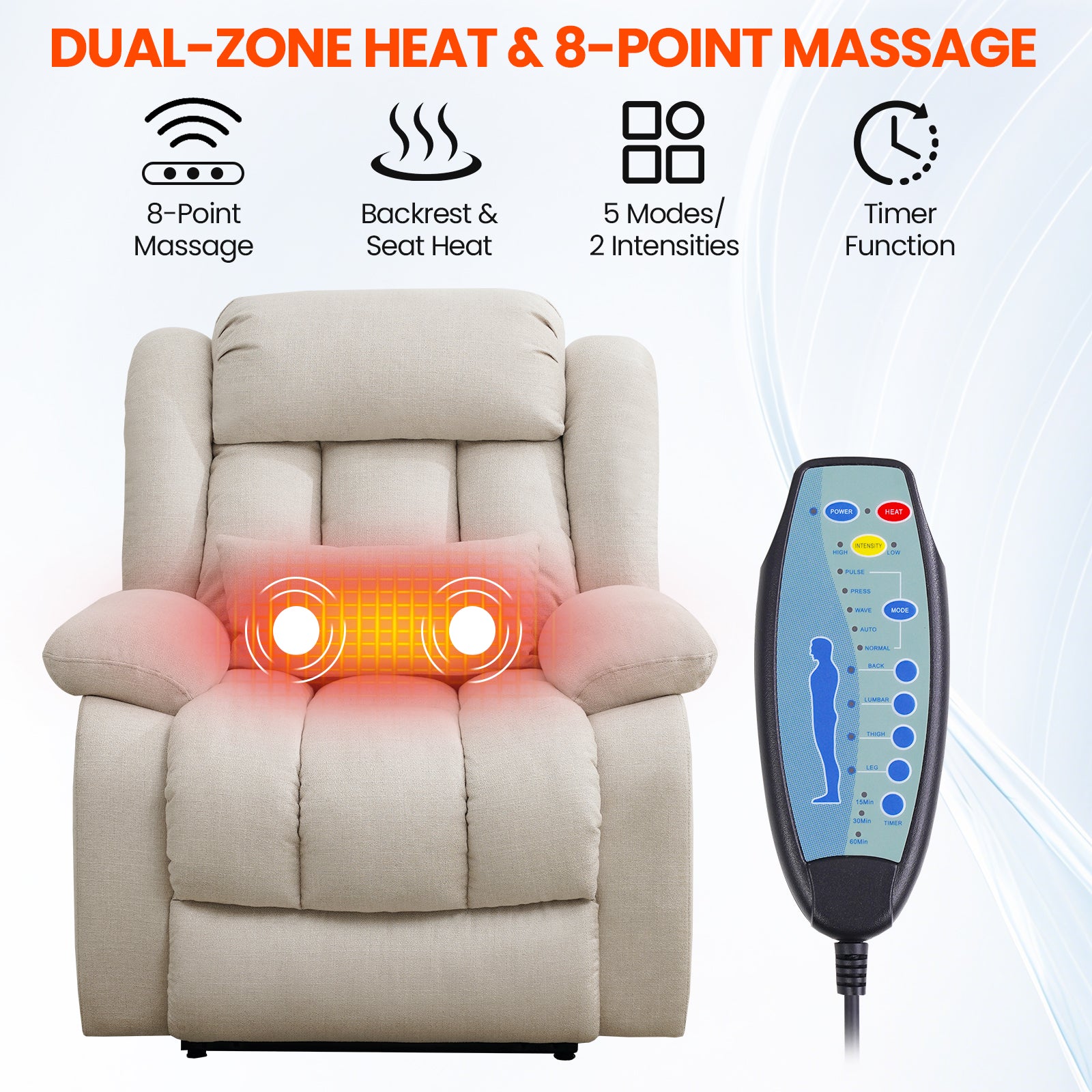 TEKAMON Infinite Position Lift Recliner Chair for Elderly with Heat and Massage Lay Flat Sleeping Power Lift Chair, Linen Fabric, Beige