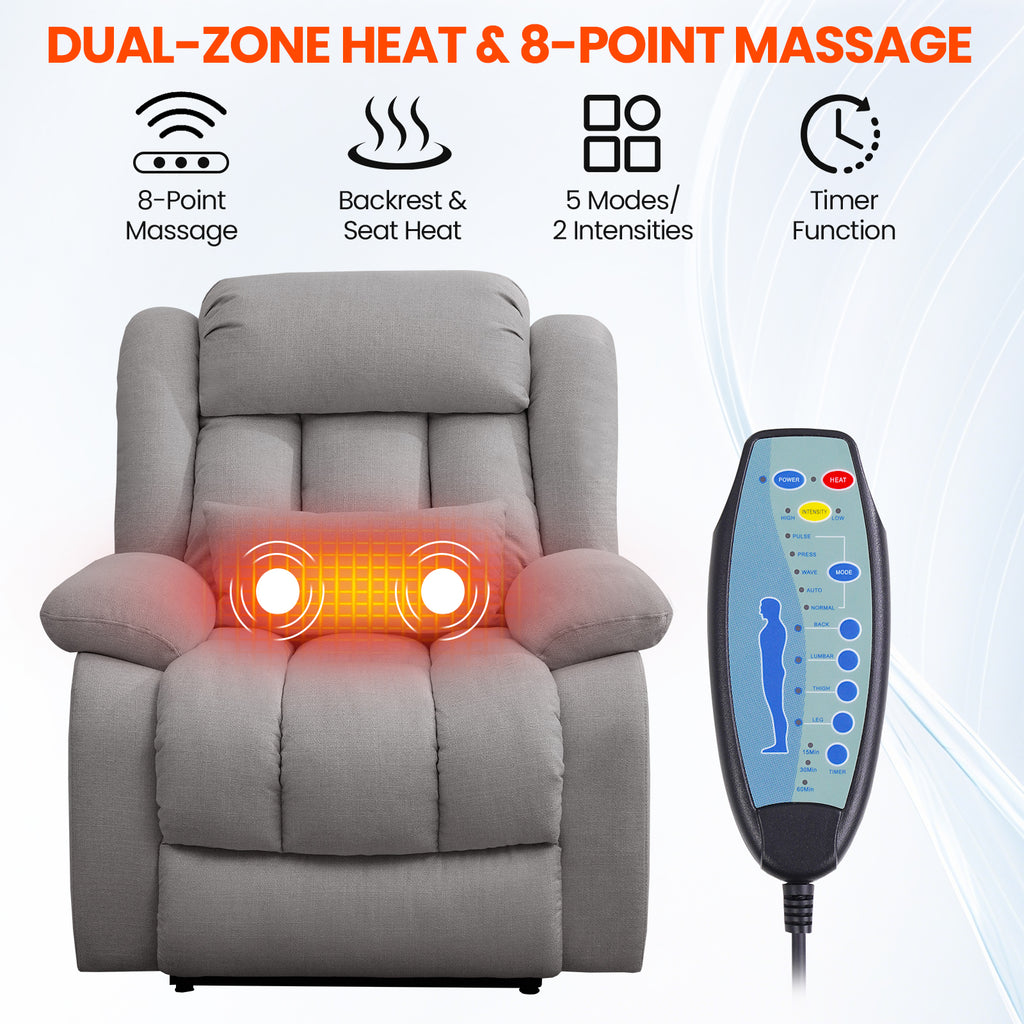 TEKAMON Infinite Position Lift Recliner Chair for Elderly with Heat and Massage Lay Flat Sleeping Power Lift Chair, Linen Fabric, Grey