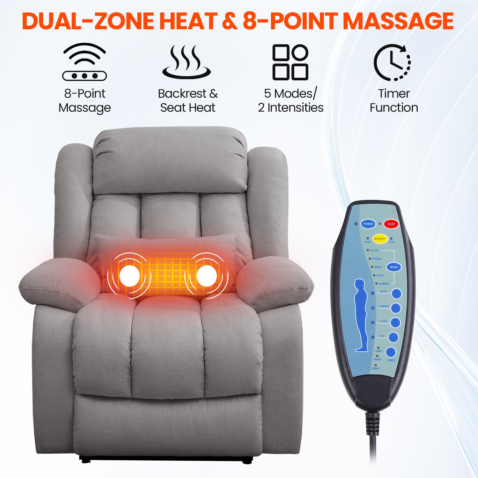 TEKAMON Infinite Position Lift Recliner Chair for Elderly with Heat and Massage Lay Flat Sleeping Power Lift Chair, Linen Fabric, Grey