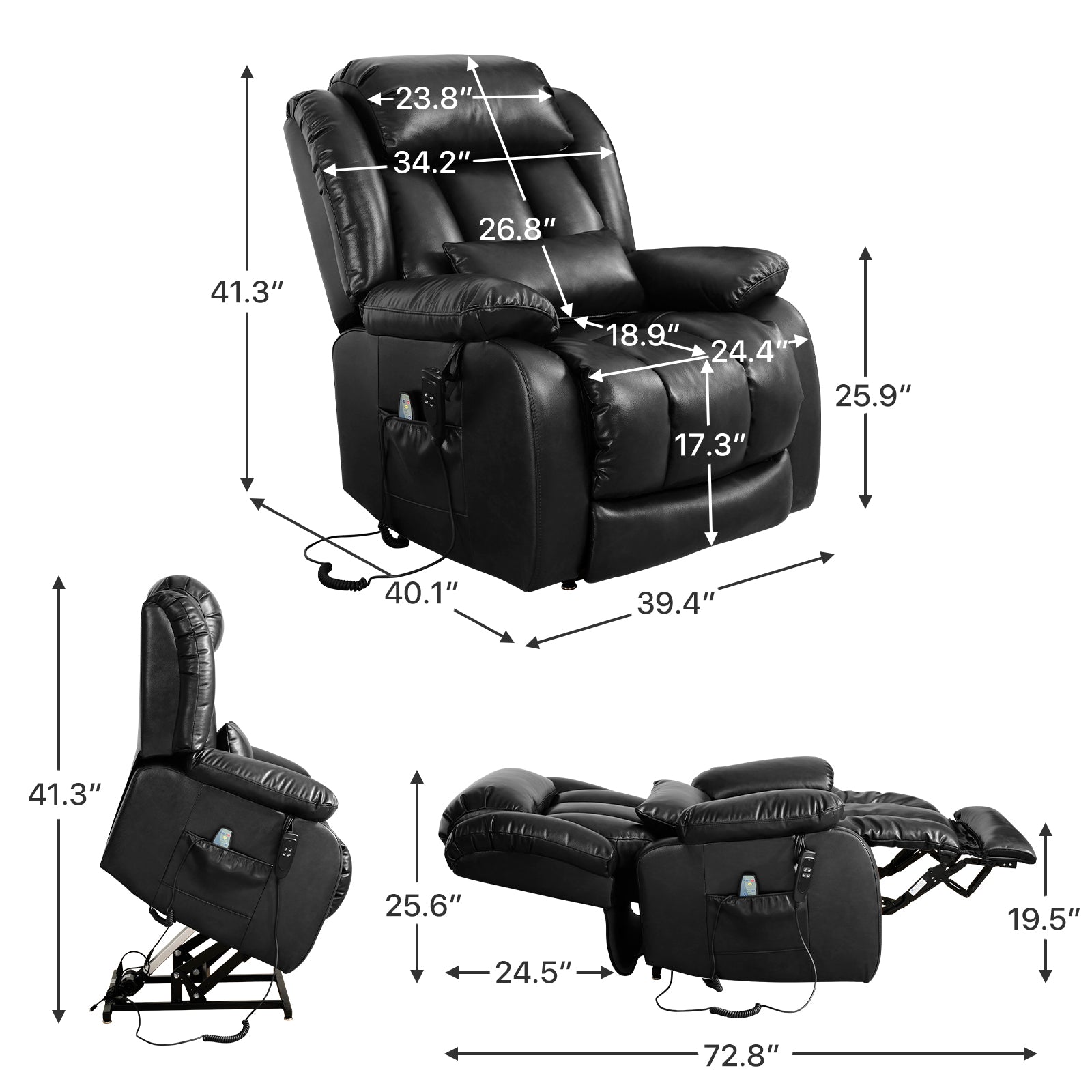 TEKAMON Infinite Position Lift Recliner Chair for Elderly with Heat Massage and Extended Footrest Lay Flat Sleeping Leather Dual Motor Power Lift Chair for Living Room (Black)