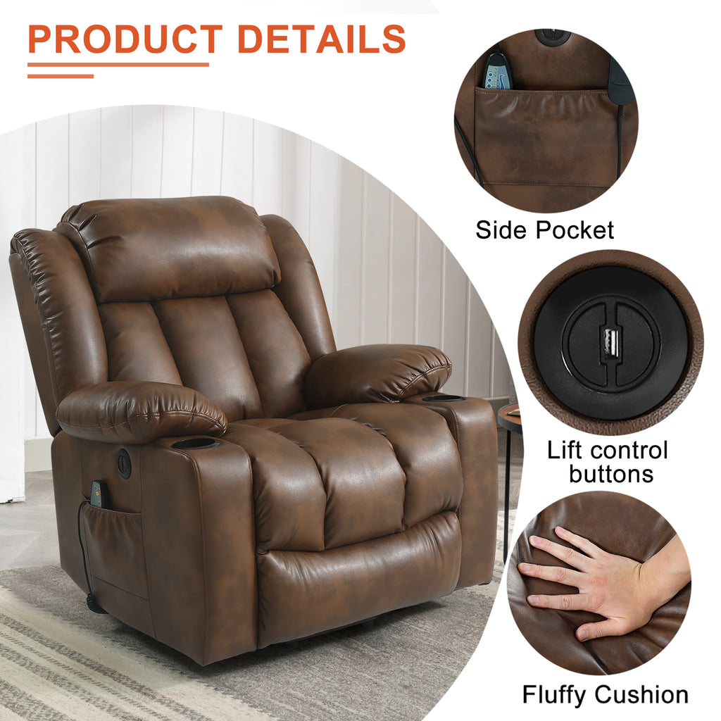 TEKAMON Large Power Lift Recliner Chair for Elderly with Heat and Massage Leather Electric Recliners Chair For Living Room with Cup Holders, Remote Control (Ochre)