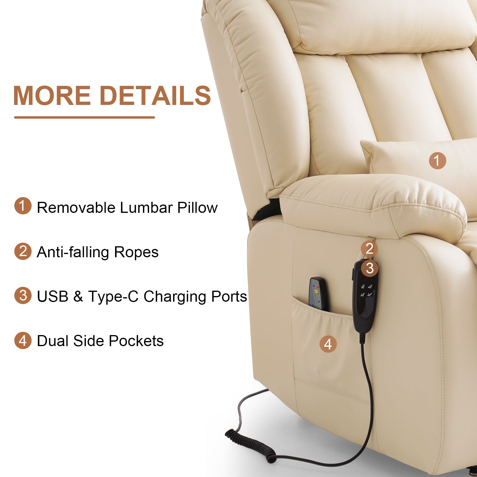 TEKAMON Infinite Position Lift Recliner Chair for Elderly with Heat Massage and Extended Footrest Lay Flat Sleeping Leather Dual Motor Power Lift Chair for Living Room (Beige)