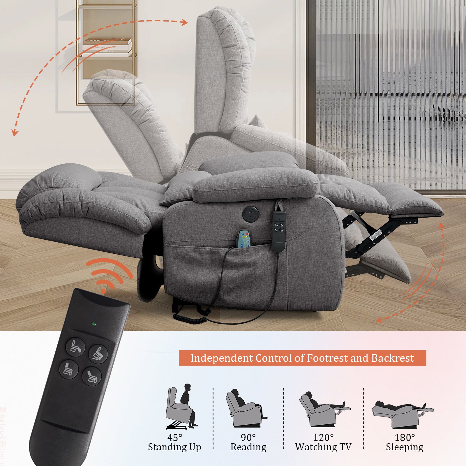 TEKAMON Infinite Position Lift Recliner Chair for Elderly with Heat and Massage Lay Flat Sleeping Power Lift Chair, Linen Fabric, Grey