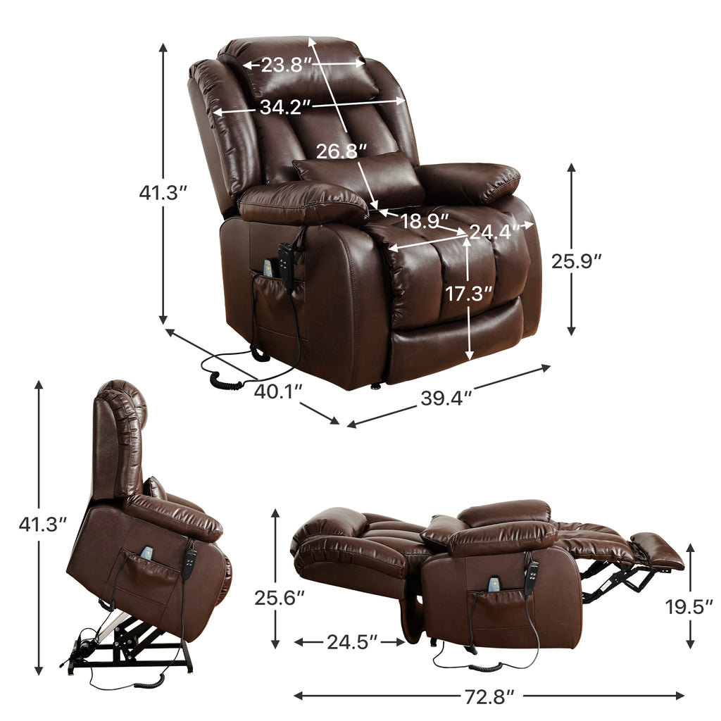 TEKAMON Power Lift Chair Recliner for Elderly with Heat and Massage, Lay Flat Sleeping Recliner Dual Motor Infinite Position Leather Lift Chair for Living Room (Brown)