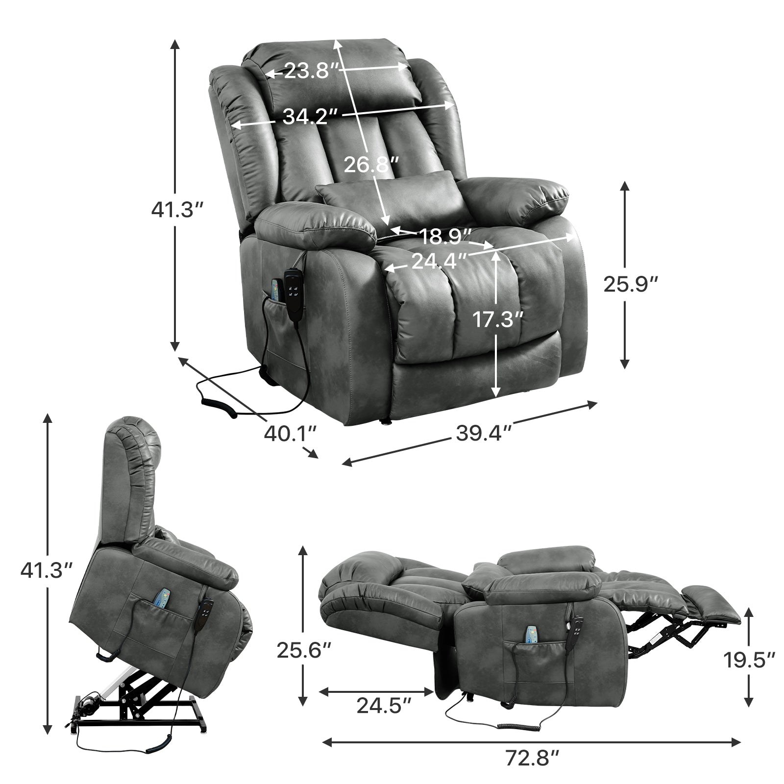 TEKAMON Infinite Position Lift Recliner Chair for Elderly with Heat Massage and Extended Footrest Lay Flat Sleeping Leather Dual Motor Power Lift Chair for Living Room (Grey)
