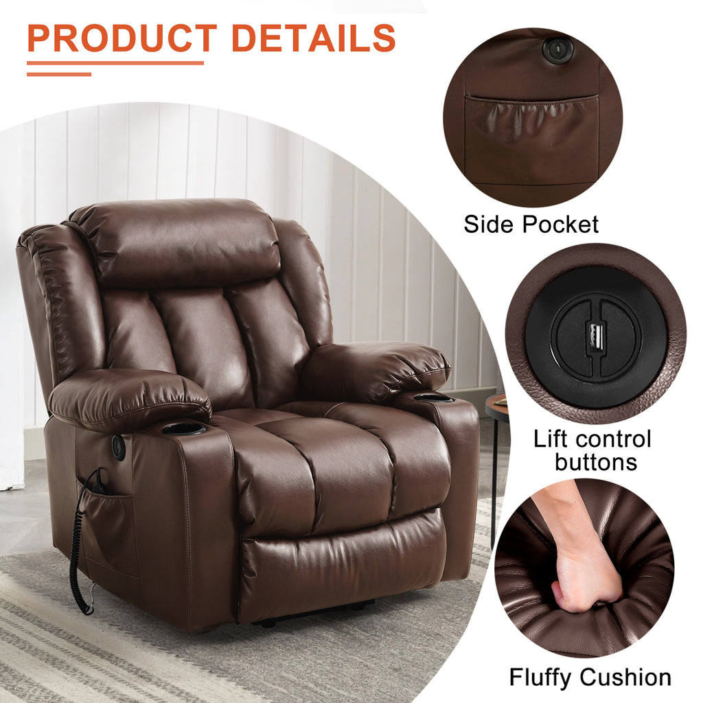 TEKAMON Infinite Position Lift Recliner Chair for Elderly with Heat Massage and Extended Footrest Lay Flat Sleeping Leather Dual Motor Power Lift Chair for Living Room (Brown)