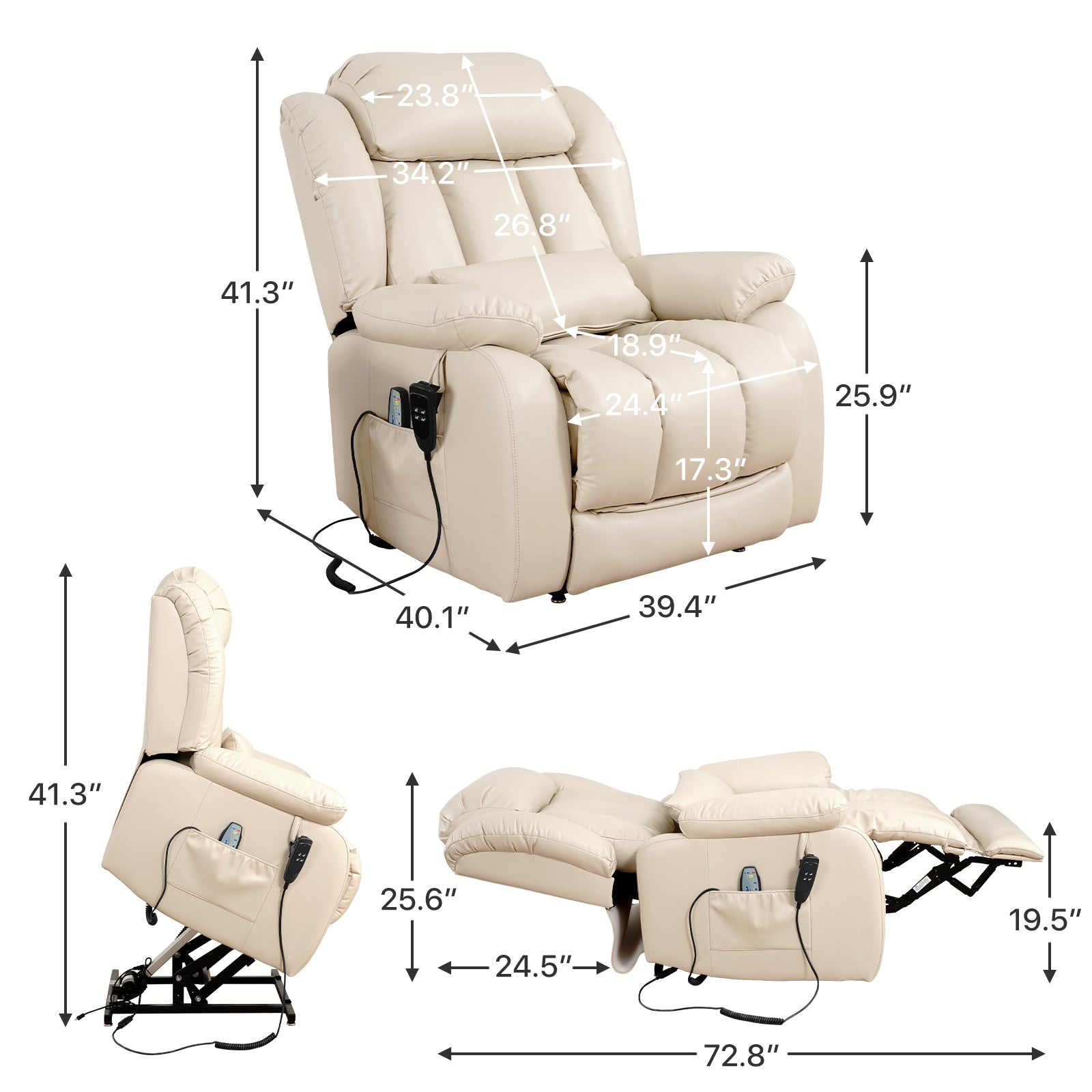 TEKAMON Infinite Position Lift Recliner Chair for Elderly with Heat Massage and Extended Footrest Lay Flat Sleeping Leather Dual Motor Power Lift Chair for Living Room (Beige)