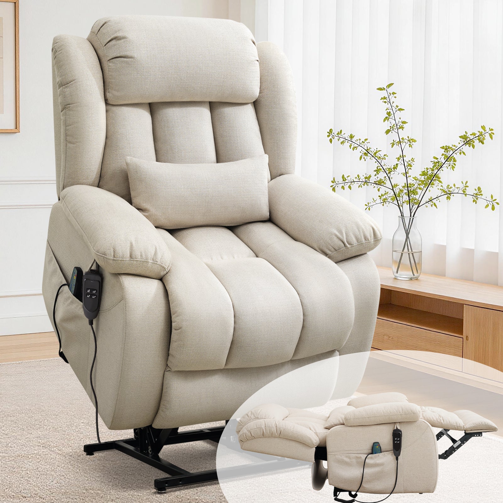 TEKAMON Infinite Position Lift Recliner Chair for Elderly with Heat and Massage Lay Flat Sleeping Power Lift Chair, Linen Fabric, Beige