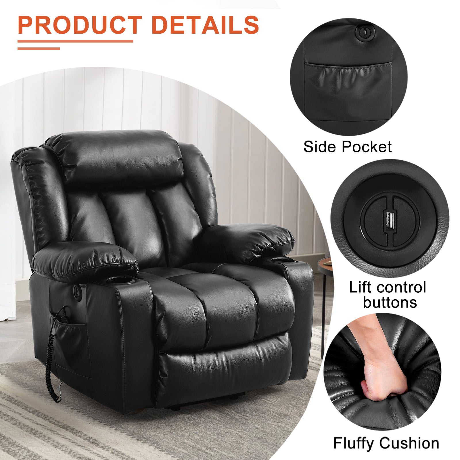 TEKAMON Large Power Lift Recliner Chair for Elderly with Heat and Massage Leather Electric Recliners Chair For Living Room with Cup Holders, Remote Control (Black)