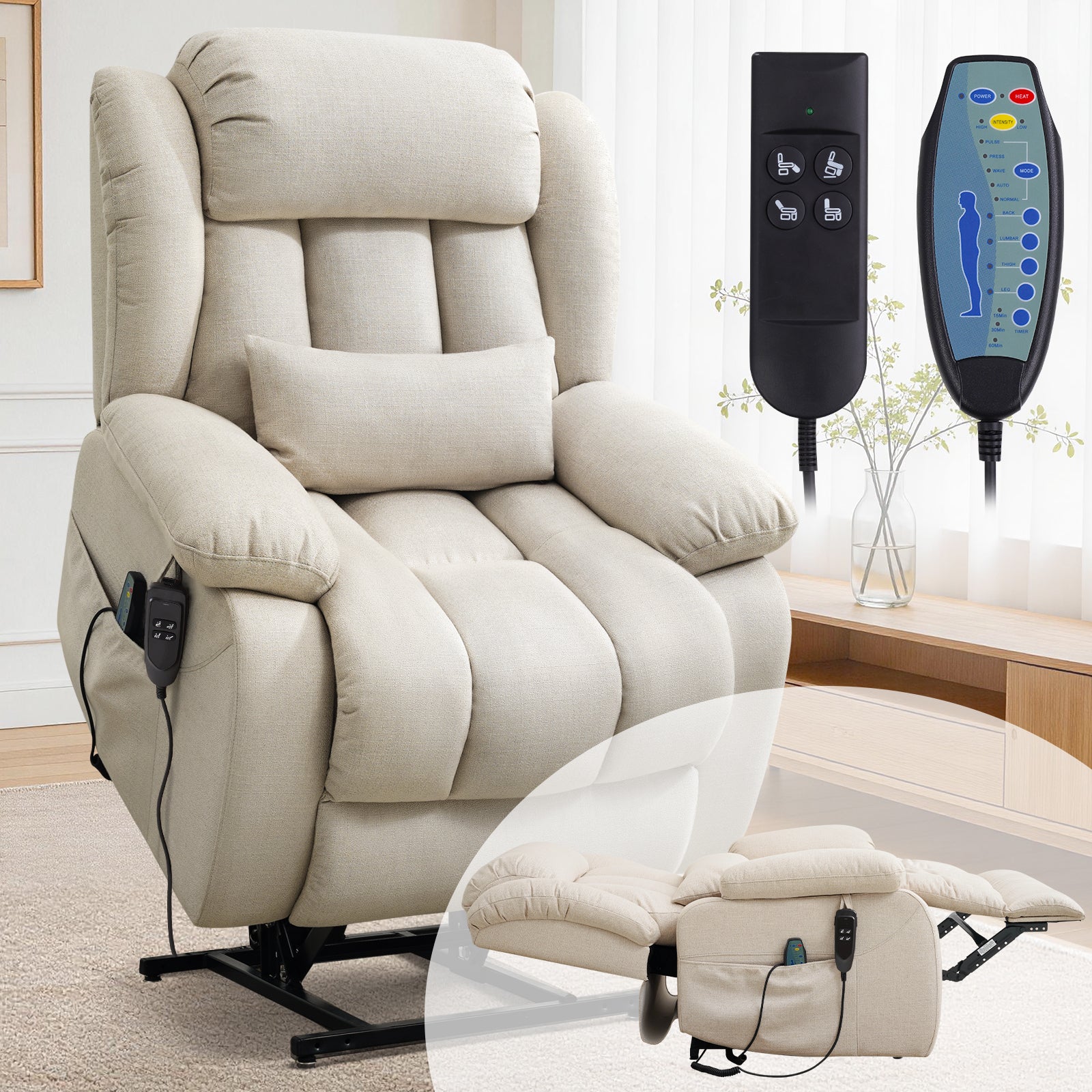 TEKAMON Infinite Position Lift Recliner Chair for Elderly with Heat and Massage Lay Flat Sleeping Power Lift Chair, Linen Fabric, Beige