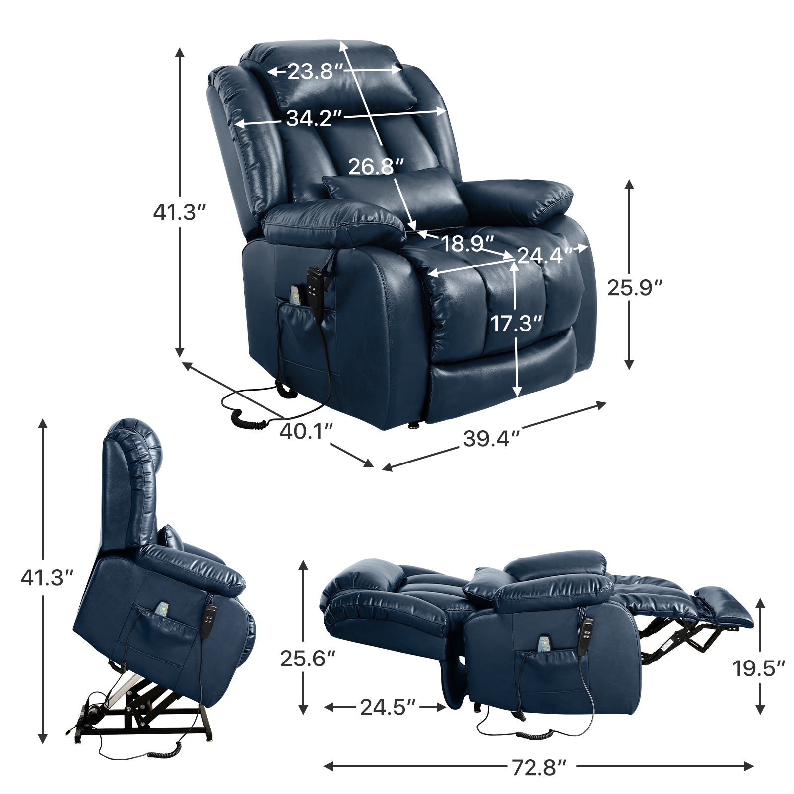 TEKAMON Infinite Position Lift Recliner Chair for Elderly with Heat Massage and Extended Footrest Lay Flat Sleeping Leather Dual Motor Power Lift Chair for Living Room (Blue)