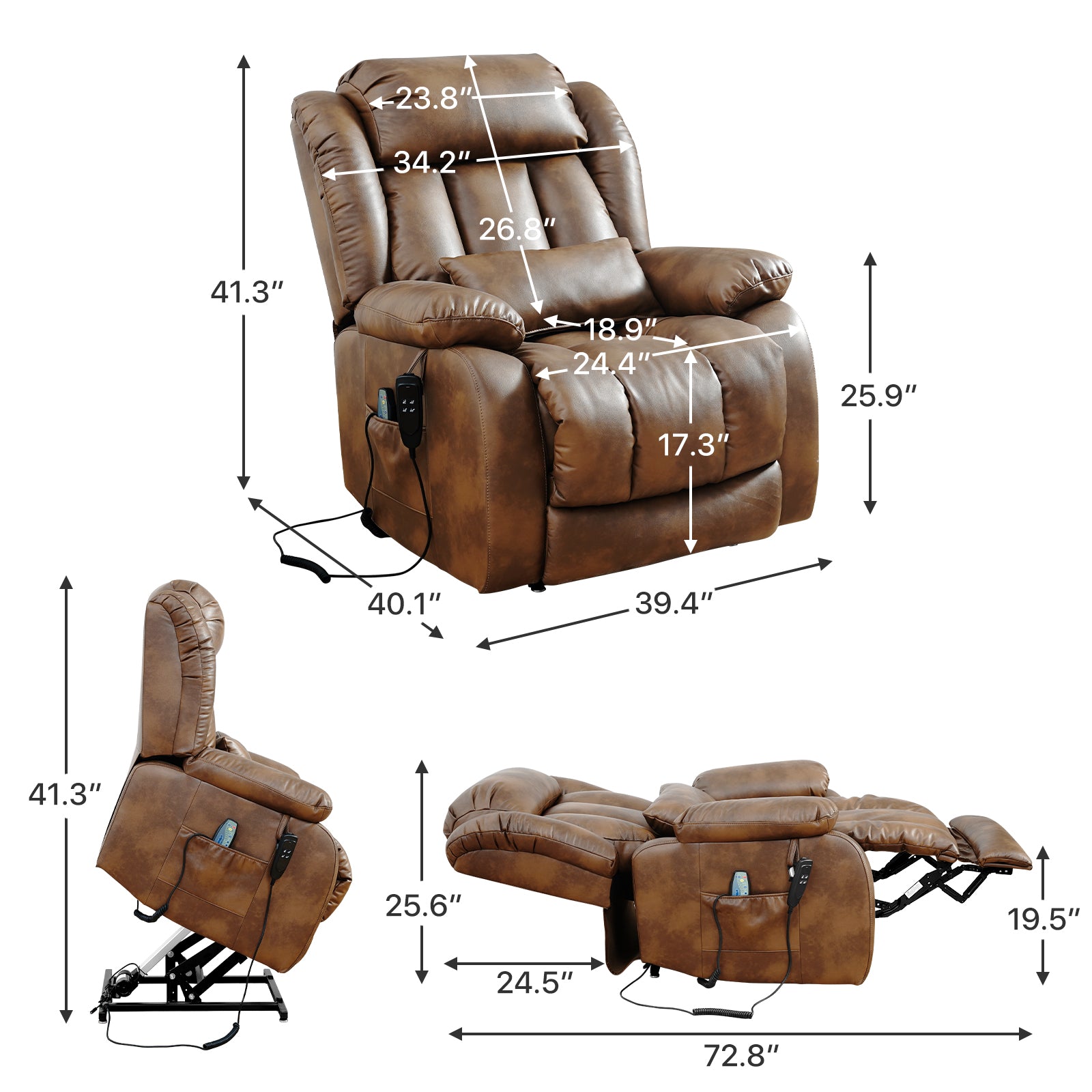TEKAMON Infinite Position Lift Recliner Chair for Elderly with Heat Massage and Extended Footrest Lay Flat Sleeping Leather Dual Motor Power Lift Chair for Living Room (Ochre)