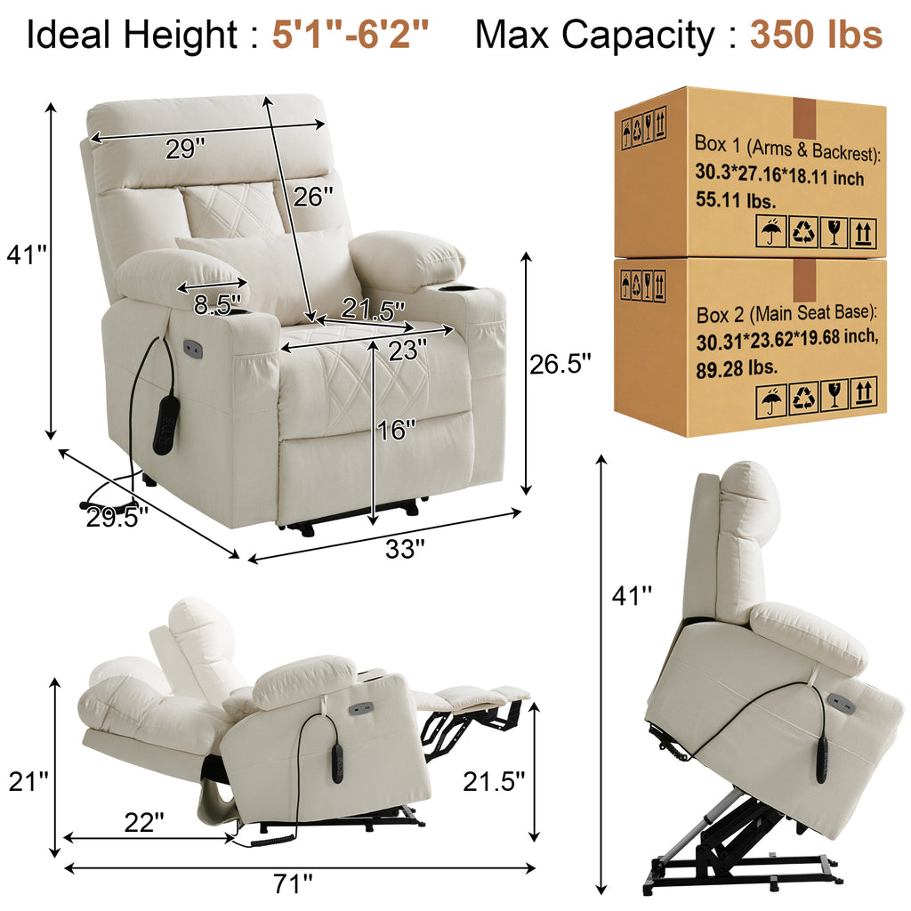 TEKAMON Power Lift Recliner Chair for Elderly - Adjustable Headrest, Three Motor, Infinite Positions, Built-in Massage and Heating, USB Ports, Cup Holders -Ivory Rice
