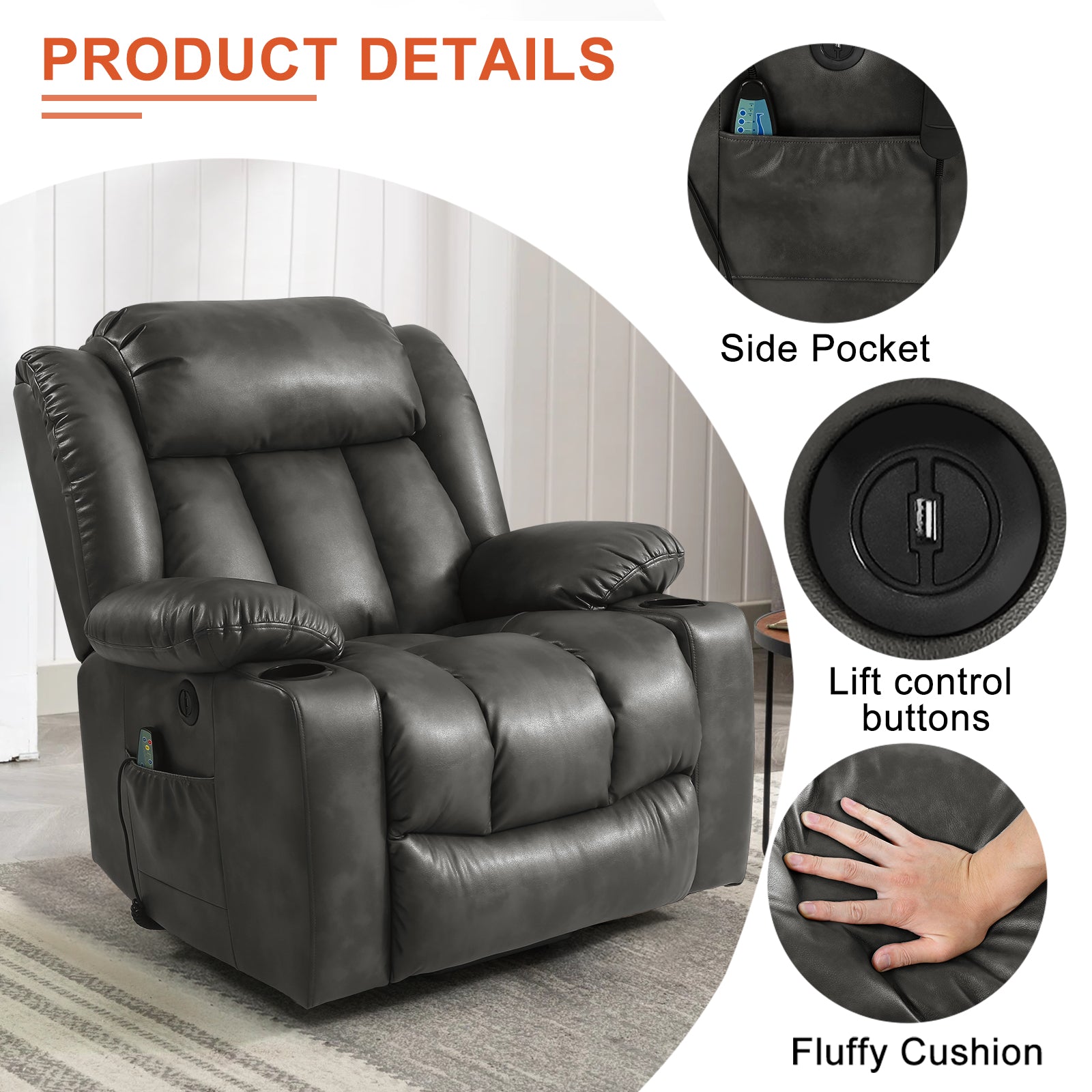 TEKAMON Large Power Lift Recliner Chair for Elderly with Heat and Massage Leather Electric Recliners Chair For Living Room with Cup Holders, Remote Control（gray）