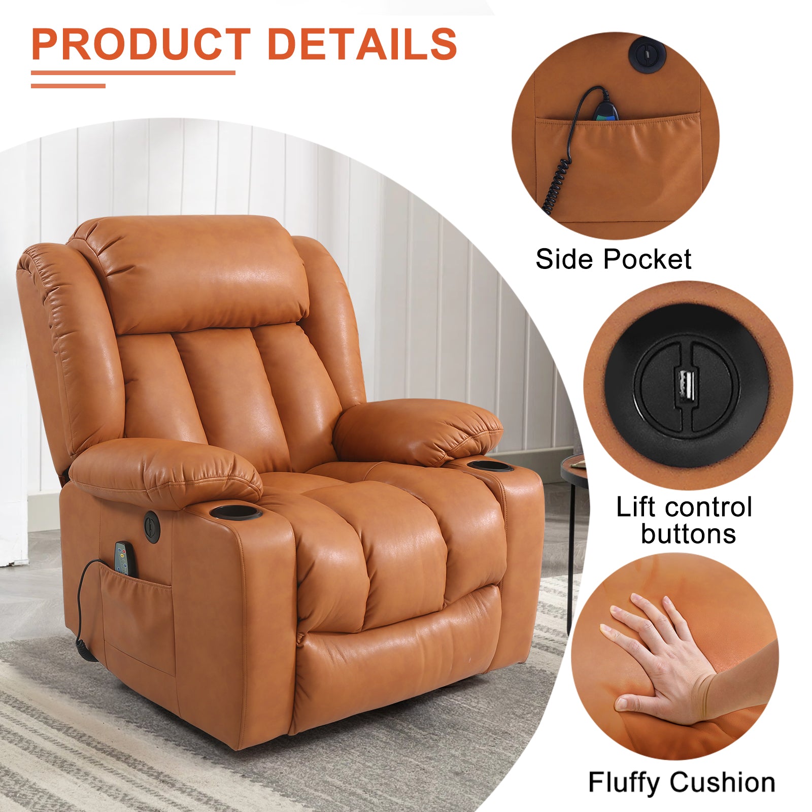 TEKAMON Infinite Position Lift Recliner Chair for Elderly with Heat Massage and Extended Footrest Lay Flat Sleeping Leather Dual Motor Power Lift Chair for Living Room (Brown)